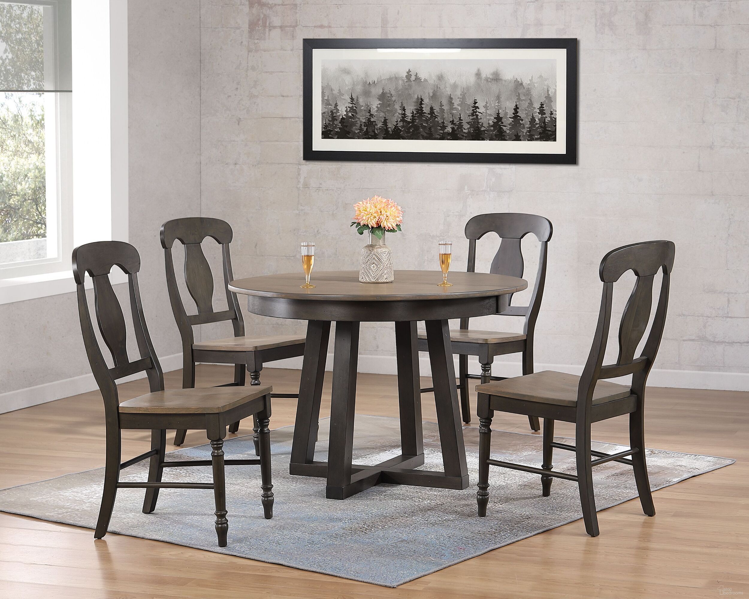 The appearance of Napoleon Back 5-Piece Cross Pedestal Dining Set In Grey Stone and Black Stone designed by Iconic Furniture in the transitional interior design. This grey stone and black stone piece of furniture was selected by 1StopBedrooms from Cross Base Collection to add a touch of cosiness and style into your home. Sku: RD45CRSCH53GRSBKS-5PC. Table Base Style: Pedestal. Table Top Shape: Round. Material: Rubberwood.