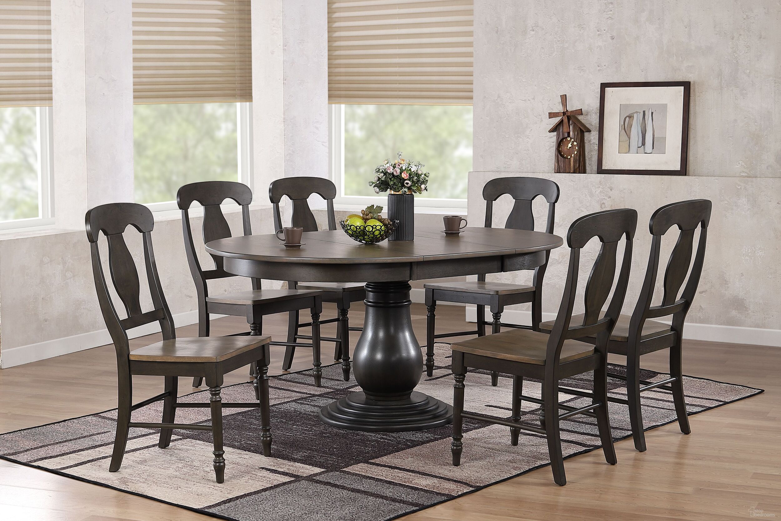 The appearance of Napoleon Back 7-Piece Bella Dining Set In Grey Stone and Black Stone designed by Iconic Furniture in the transitional interior design. This grey stone and black stone piece of furniture was selected by 1StopBedrooms from Bella Collection to add a touch of cosiness and style into your home. Sku: RD45BELCH53GRSBKS-7PC. Table Base Style: Pedestal. Table Top Shape: Round. Material: Rubberwood.