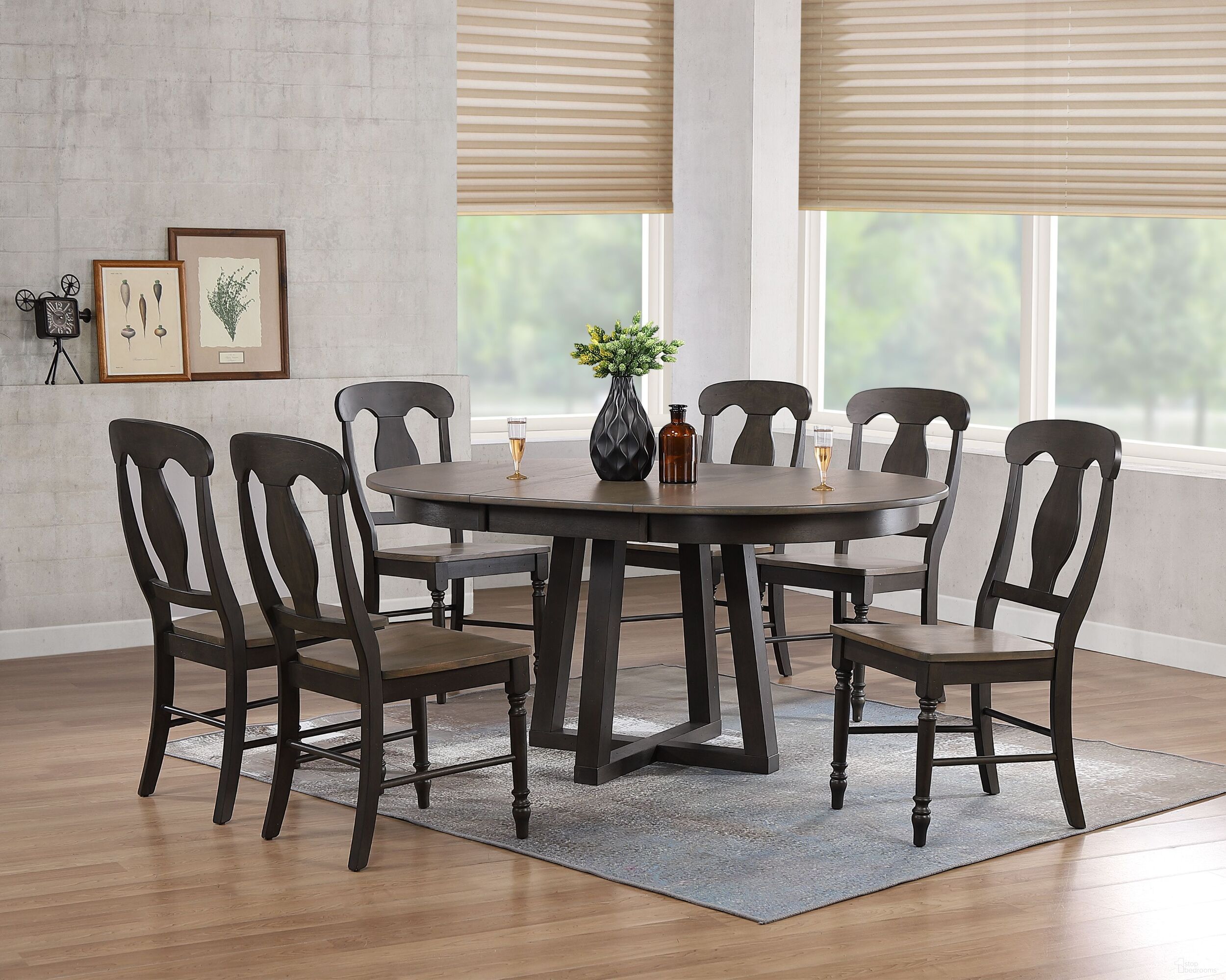 The appearance of Napoleon Back 7-Piece Cross Pedestal Dining Set In Grey Stone and Black Stone designed by Iconic Furniture in the transitional interior design. This grey stone and black stone piece of furniture was selected by 1StopBedrooms from Cross Base Collection to add a touch of cosiness and style into your home. Sku: RD45CRSCH53GRSBKS-7PC. Table Base Style: Pedestal. Table Top Shape: Round. Material: Rubberwood.