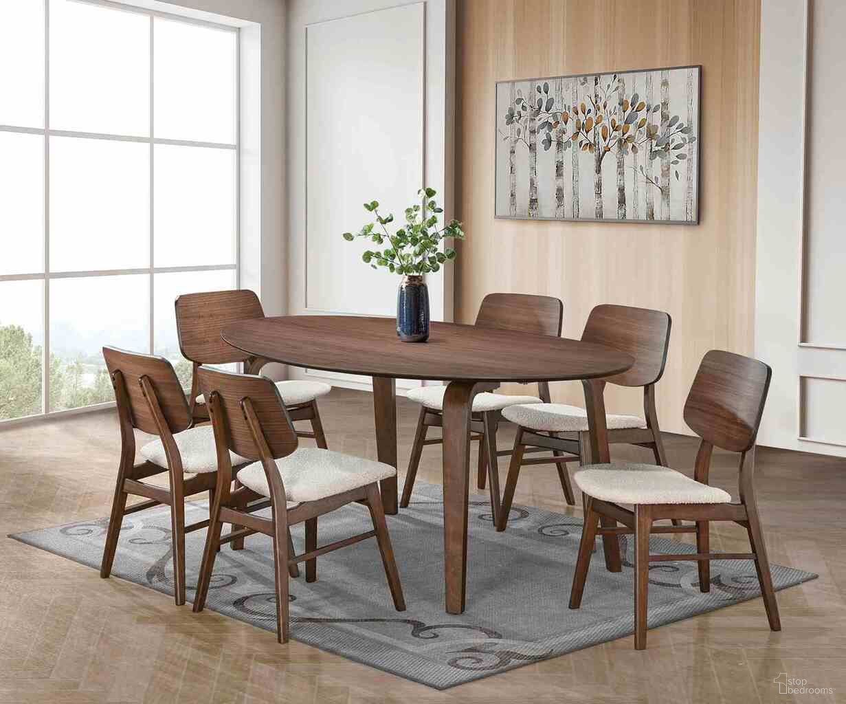 The appearance of Narvik Dining Table In Walnut designed by Furniture of America in the modern / contemporary interior design. This walnut piece of furniture was selected by 1StopBedrooms from Narvik Collection to add a touch of cosiness and style into your home. Sku: FM3212WN-T-1;FM3212WN-T-2. Table Base Style: Legs. Table Top Shape: Oval. Size: 39" x 71". Material: Solid Wood.