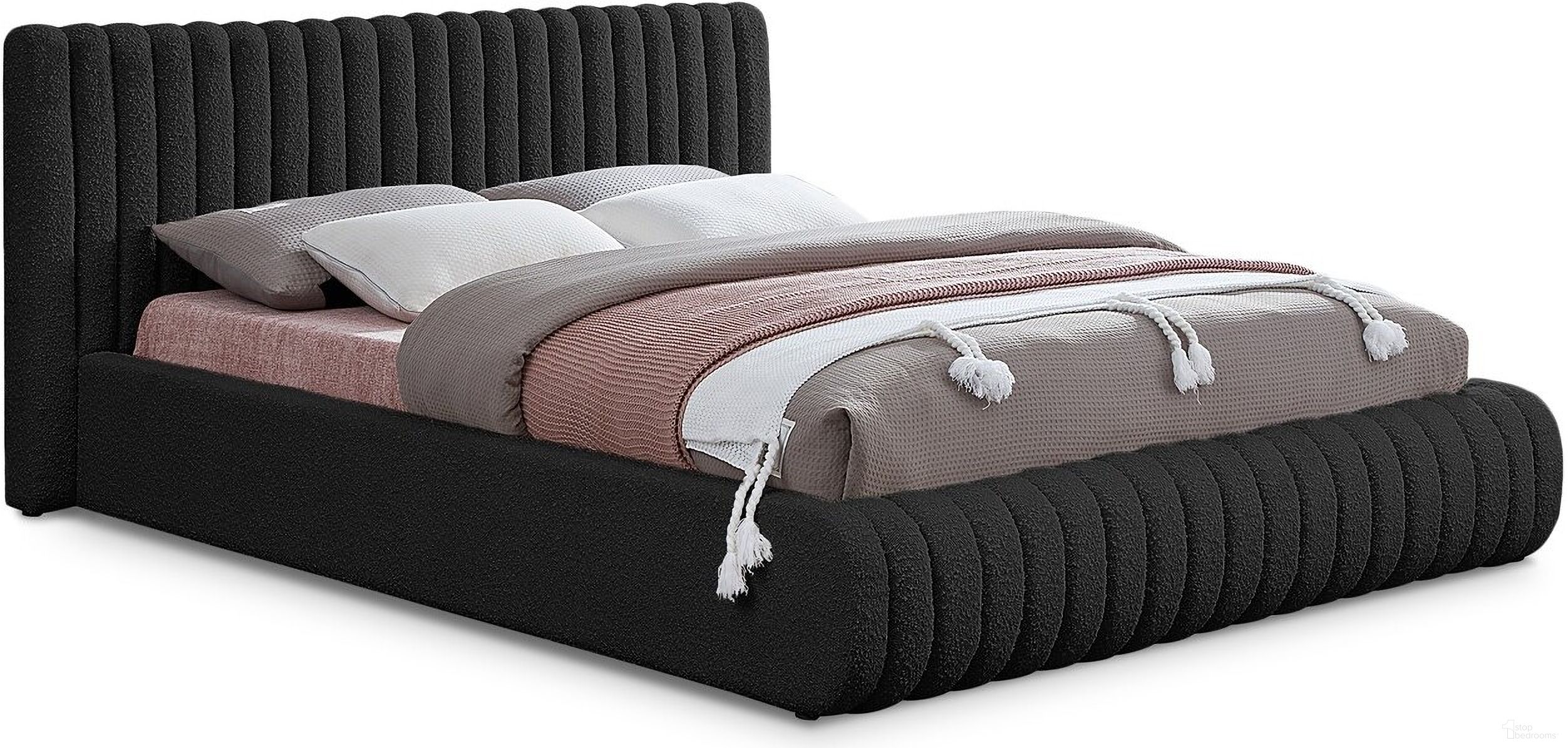 The appearance of Nash Boucle Fabric King Bed In Black designed by Meridian in the modern / contemporary interior design. This black piece of furniture was selected by 1StopBedrooms from Nash Collection to add a touch of cosiness and style into your home. Sku: NashBlack-K Box 1/2 (Headboard / Slats);NashBlack-K Box 2/2 (Footboard / Center Bar / Hardware / Slats / Rails). Bed Type: Panel Bed. Material: Wood. Bed Size: King.