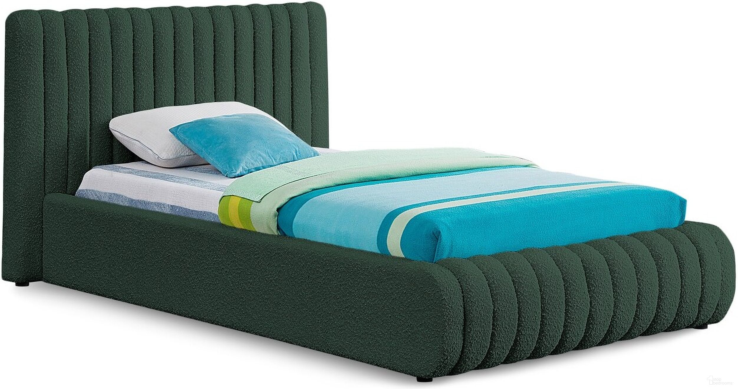 The appearance of Nash Boucle Fabric Twin Bed In Green designed by Meridian in the modern / contemporary interior design. This green piece of furniture  was selected by 1StopBedrooms from Nash Collection to add a touch of cosiness and style into your home. Sku: NashGreen-T Box 1/2 (Headboard / Slats);NashGreen-T Box 2/2 (Footboard / Center Bar / Hardware / Slats / Rails). Bed Type: Panel Bed. Material: Wood. Bed Size: Twin.