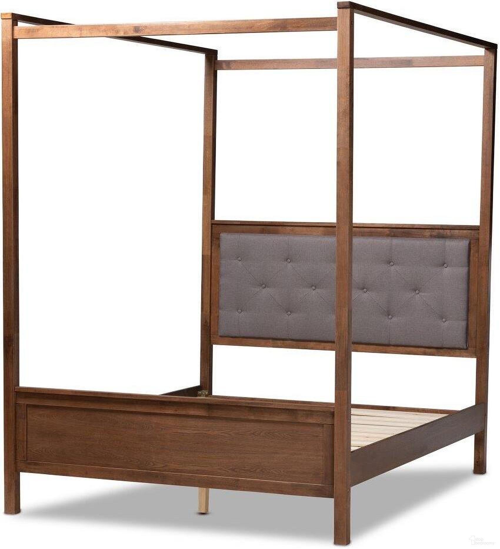 The appearance of Natasha Modern and Contemporary Grey Fabric Upholstered and Walnut Brown Finished Wood Queen Size Platform Canopy Bed designed by Baxton Studio in the modern / contemporary interior design. This grey piece of furniture was selected by 1StopBedrooms from Natasha Collection to add a touch of cosiness and style into your home. Sku: MG0021-Gray/Walnut-Queen. Bed Type: Canopy Bed. Material: Polyester. Bed Size: Queen.
