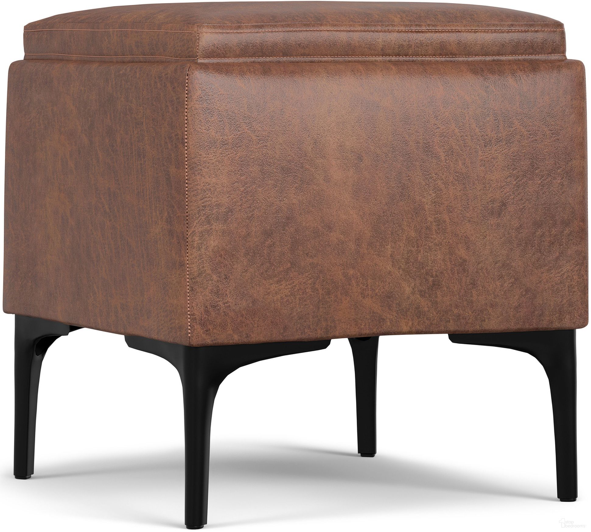 The appearance of Natasha Vegan Faux Leather Storage Ottoman with Tray In Distressed Saddle Brown designed by Simpli Home in the modern / contemporary interior design. This distressed saddle brown piece of furniture  was selected by 1StopBedrooms from Natasha Collection to add a touch of cosiness and style into your home. Sku: AXCOTNAT-DSB. Material: Faux Leather.