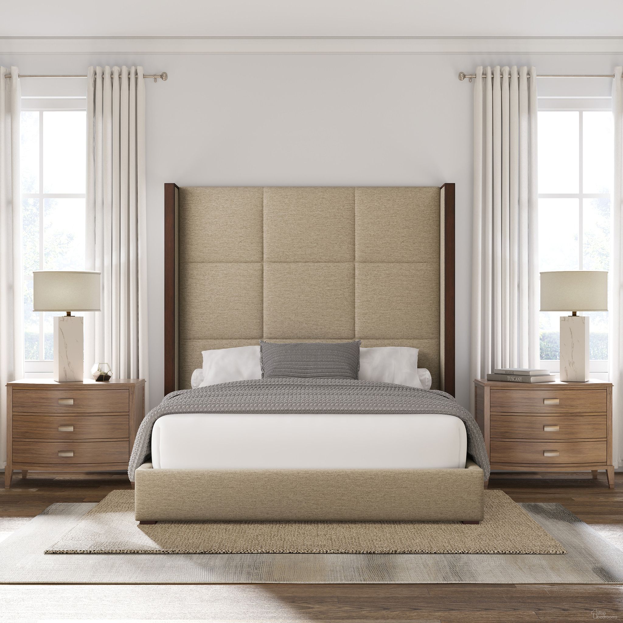 Nativa Interiors Irenne Square Tufted Upholstered High 87 Inch King Flax Bed