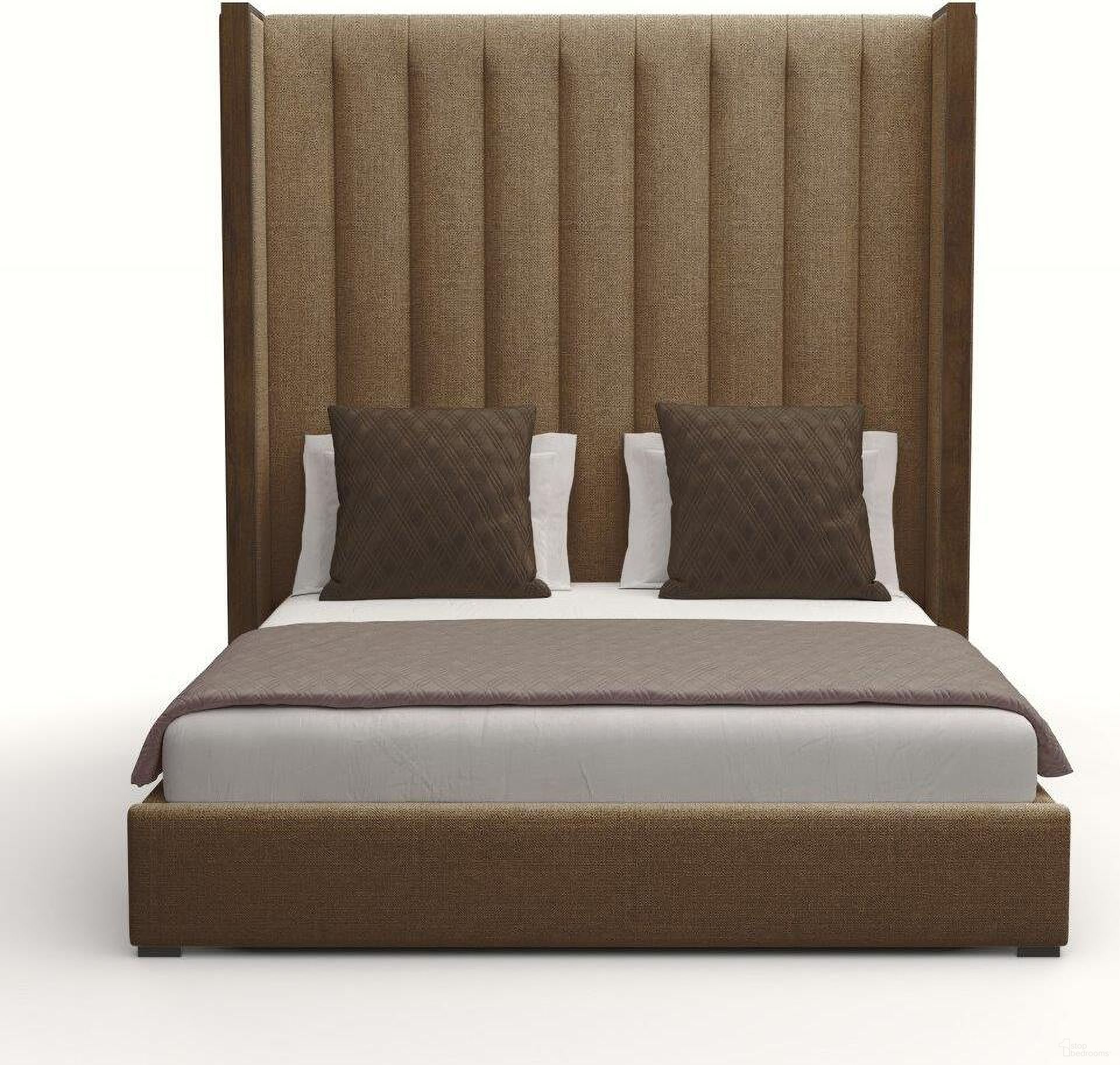 Nativa Interiors Irenne Vertical Channel Tufted Upholstered High 87 Inch King Brown Bed