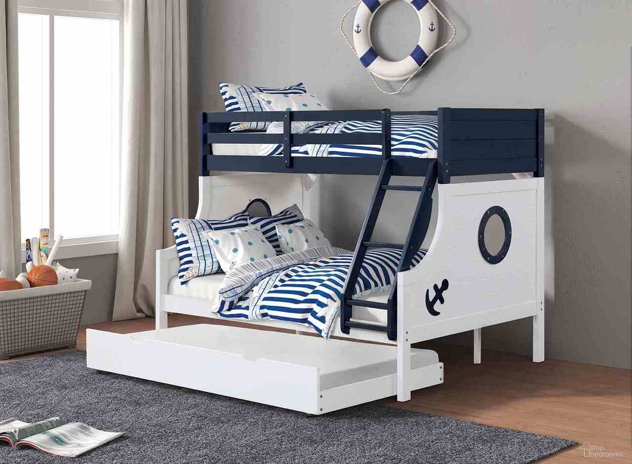 The appearance of Nautia Twin Over Full Bunk Bed with Trundle In Blue and White designed by Furniture of America in the interior design. This blue/white piece of furniture was selected by 1StopBedrooms from Nautia Collection to add a touch of cosiness and style into your home. Sku: FM-BK629BL-1;FM-BK629BL-2;FM-BK629BL-3;FM-BK629BL-4;FM-TR452-WH. Bed Type: Bunk Bed. Bed Size: Twin Over Full. Material: Solid Wood.