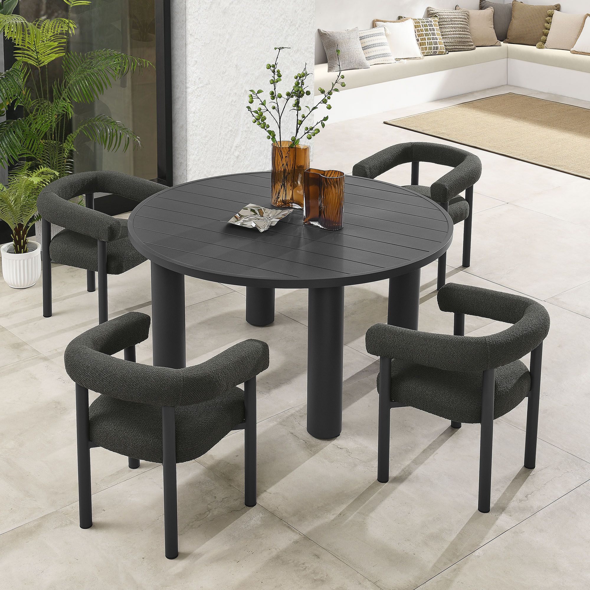 The appearance of Nautica 5-Piece Round Outdoor Patio Aluminum Dining Table and Chairs Set In Charcoal and Graphite designed by Modway in the modern / contemporary interior design. This charcoal/graphite piece of furniture  was selected by 1StopBedrooms from Nautica Collection to add a touch of cosiness and style into your home. Sku: EEI-6979-CHA-GPH;EEI-6981-GPH-BASE;EEI-6981-GPH-TOP;EEI-6979-CHA-GPH. Material: Aluminum.