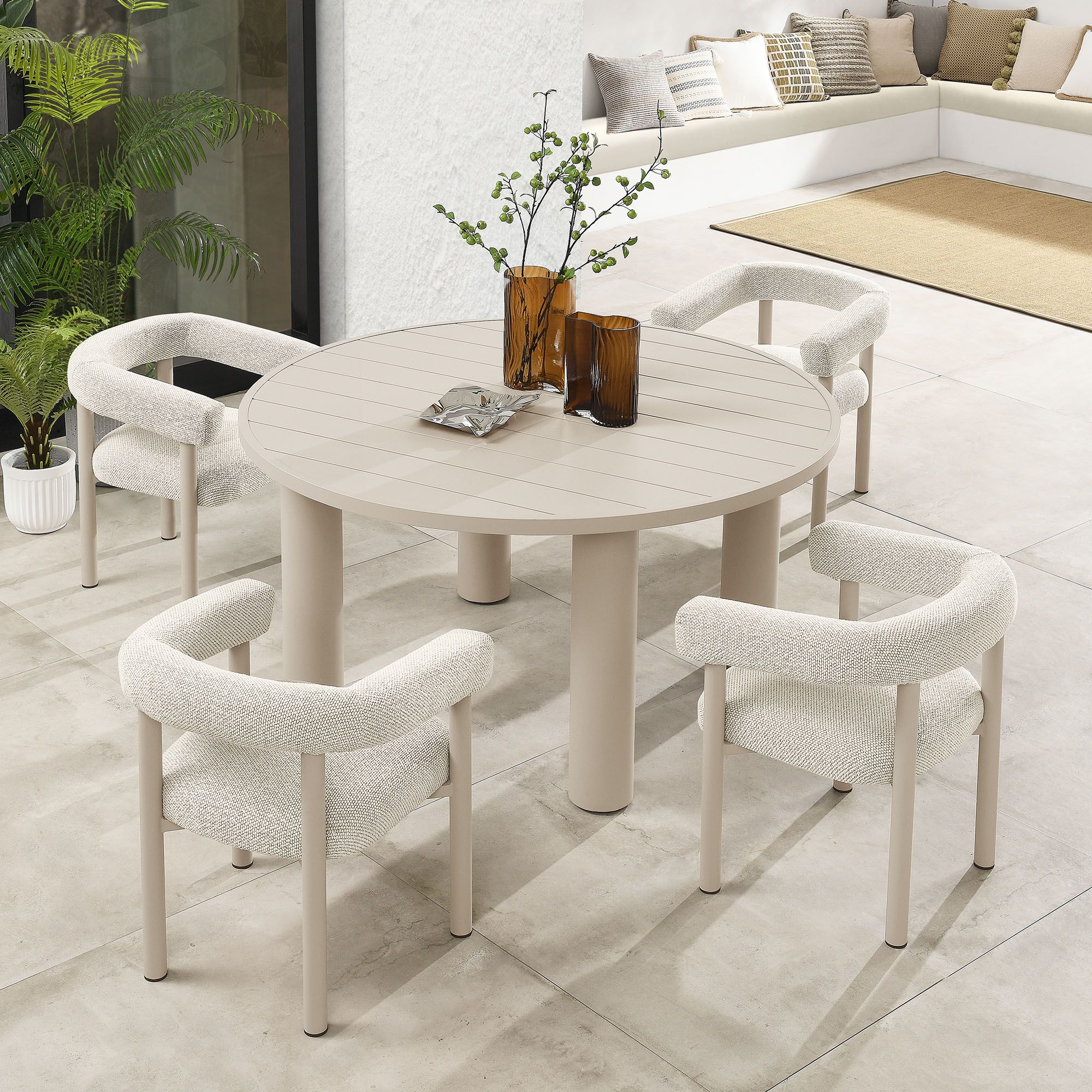 The appearance of Nautica 5-Piece Round Outdoor Patio Aluminum Dining Table and Chairs Set In Ivory and Taupe designed by Modway in the modern / contemporary interior design. This ivory/taupe piece of furniture was selected by 1StopBedrooms from Nautica Collection to add a touch of cosiness and style into your home. Sku: EEI-6979-IVO-TAU;EEI-6981-TAU-BASE;EEI-6981-TAU-TOP;EEI-6979-IVO-TAU. Material: Aluminum.