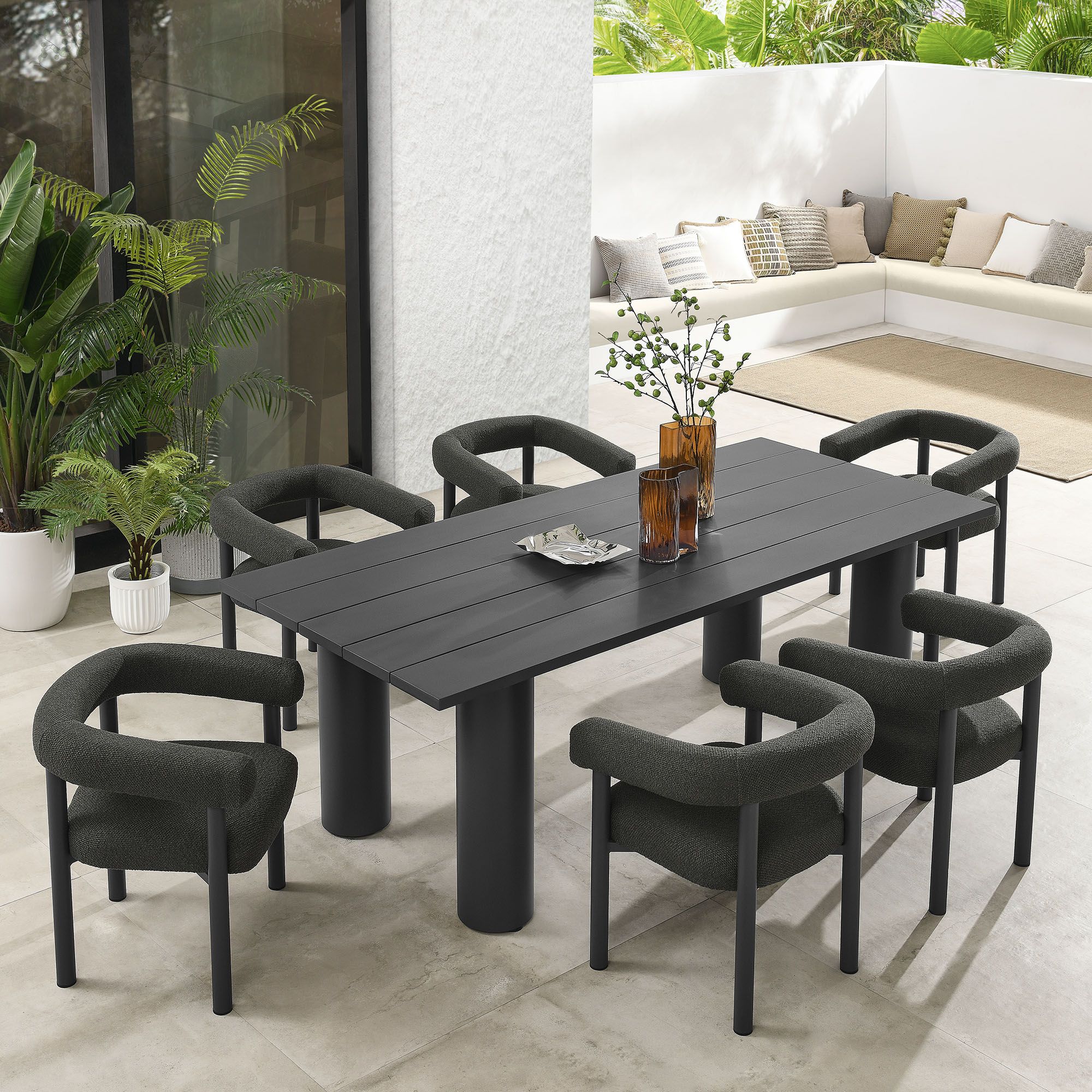 The appearance of Nautica 7-Piece Rectangular Outdoor Patio Aluminum Dining Table and Chairs Set In Charcoal and Graphite designed by Modway in the modern / contemporary interior design. This charcoal/graphite piece of furniture  was selected by 1StopBedrooms from Nautica Collection to add a touch of cosiness and style into your home. Sku: EEI-6979-CHA-GPH;EEI-6980-GPH-BASE;EEI-6980-GPH-TOP;EEI-6979-CHA-GPH;EEI-6979-CHA-GPH. Material: Aluminum.