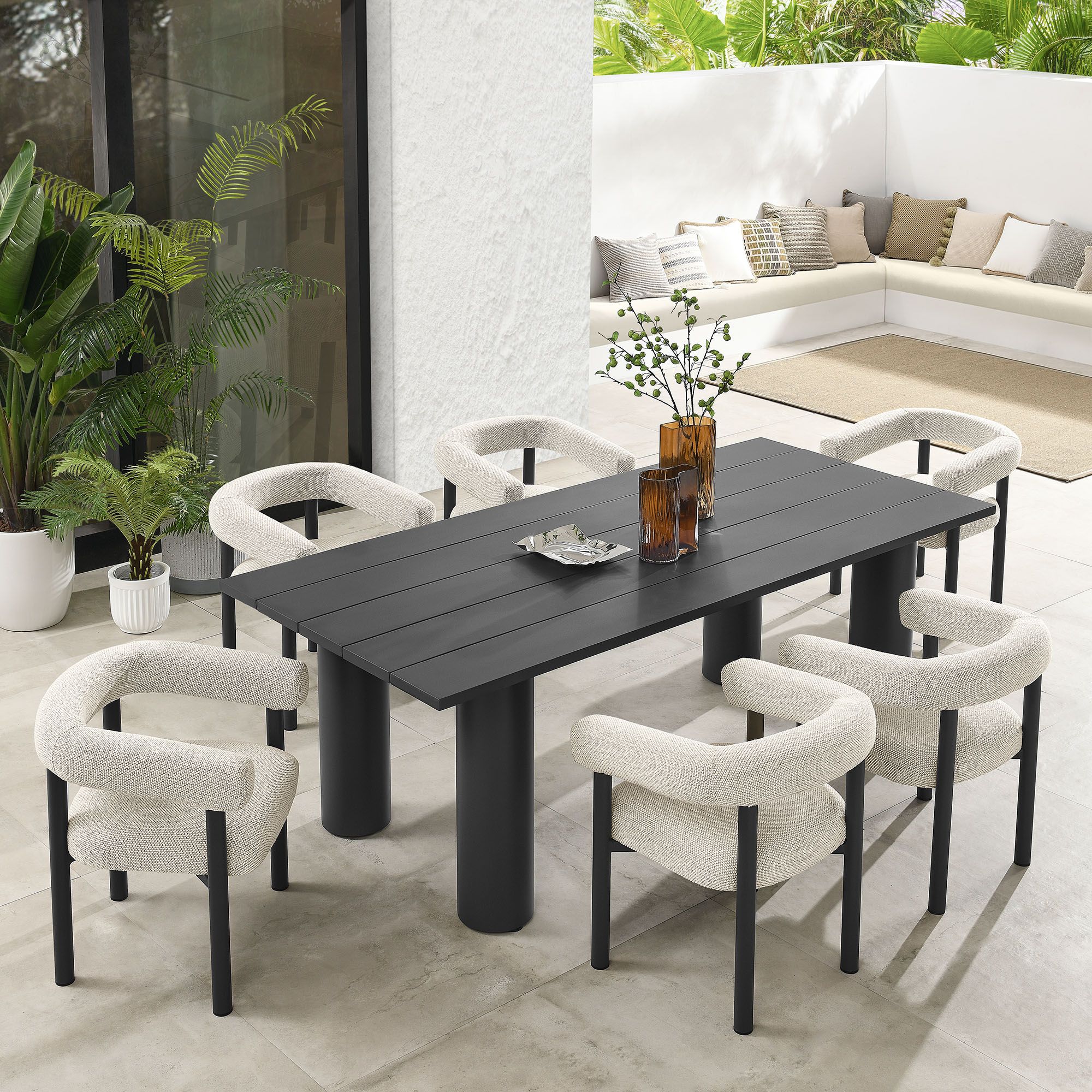The appearance of Nautica 7-Piece Rectangular Outdoor Patio Aluminum Dining Table and Chairs Set In Ivory and Graphite designed by Modway in the modern / contemporary interior design. This graphite and ivory piece of furniture  was selected by 1StopBedrooms from Nautica Collection to add a touch of cosiness and style into your home. Sku: EEI-6979-IVO-GPH;EEI-6980-GPH-BASE;EEI-6980-GPH-TOP;EEI-6979-IVO-GPH;EEI-6979-IVO-GPH. Material: Aluminum.