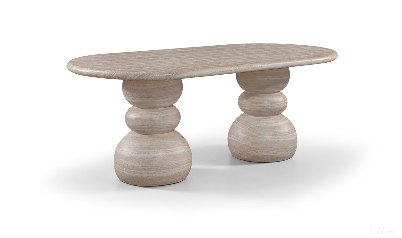 The appearance of Navo 78.75 Inch Concrete Indoor and Outdoor Dining Table In Travertine designed by Meridian in the modern / contemporary interior design. This travertine piece of furniture was selected by 1StopBedrooms from Navo Collection to add a touch of cosiness and style into your home. Sku: 77036Travertine-DT Box 1/3 (Top);77036Travertine-DT Box 2/3 (Base 1);77036Travertine-DT Box 3/3 (Base 2). Table Base Style: Double Pedestal. Table Top Shape: Oval. Material: Concrete. Size: 39" x 78".