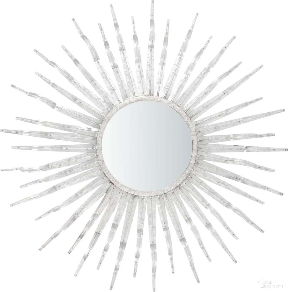 The appearance of Naya Silver Sunburst Mirror designed by Safavieh in the coastal interior design. This silver piece of furniture  was selected by 1StopBedrooms from Naya Collection to add a touch of cosiness and style into your home. Sku: MRR1034C. Material: Iron.