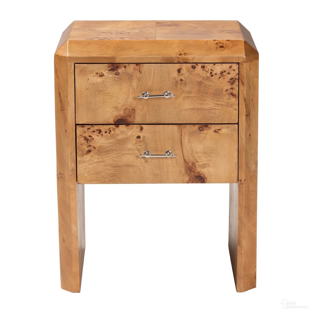 The appearance of Nebu Natural Wood Nightstand In Mappa Burl designed by Baxton Studio in the modern / contemporary interior design. This mappa burl piece of furniture  was selected by 1StopBedrooms from Nebu Collection to add a touch of cosiness and style into your home. Sku: SVN-1311-Natural Burl-Nebu-NS. Material: Burl Veneer.