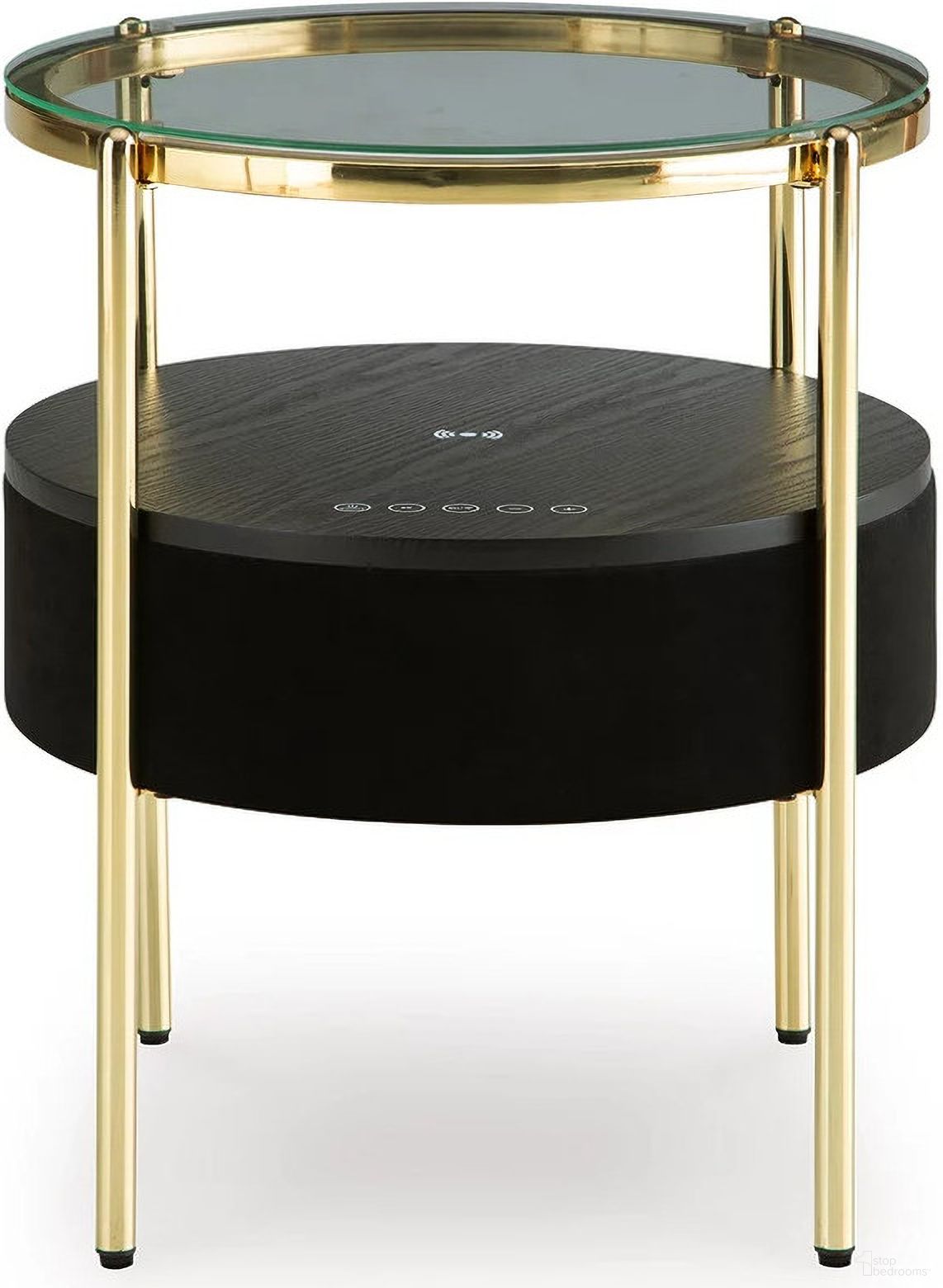 The appearance of Nedman Accent Table with Speaker In Black and Gold designed by Signature Design by Ashley in the modern / contemporary interior design. This black/gold piece of furniture  was selected by 1StopBedrooms from Nedman Collection to add a touch of cosiness and style into your home. Sku: A4000669. Material: Fabric.