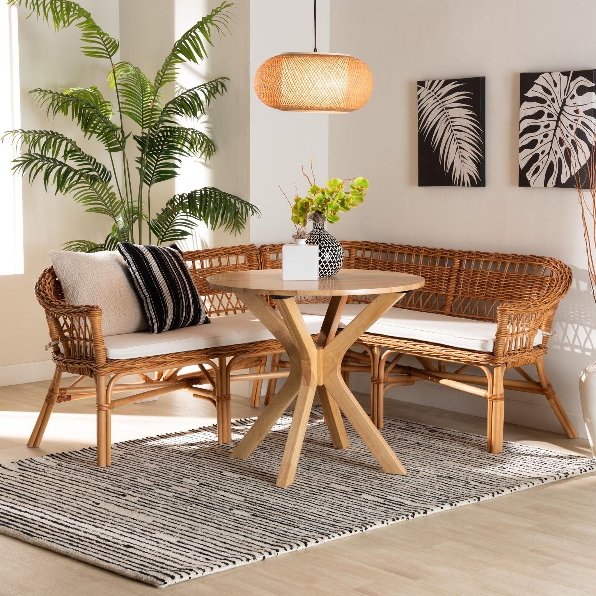 The appearance of Nella Rattan 2 Piece Dining Nook Banquette Set In Natural Brown designed by Baxton Studio in the bohemian interior design. This natural brown piece of furniture was selected by 1StopBedrooms from Nella Collection to add a touch of cosiness and style into your home. Sku: Nella-Natural/Light Honey Rattan-2PC Bench Set. Material: Natural Rattan.