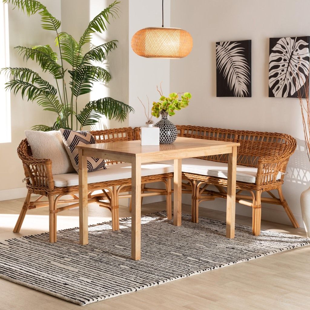 The appearance of Nella Wood and Rattan 3 Piece Dining Nook Set In Natural Brown designed by Baxton Studio in the bohemian interior design. This natural brown piece of furniture was selected by 1StopBedrooms from Modern Collection to add a touch of cosiness and style into your home. Sku: Nella-Natural/Light Honey Rattan-3PC Dining Set. Material: Rubberwood.