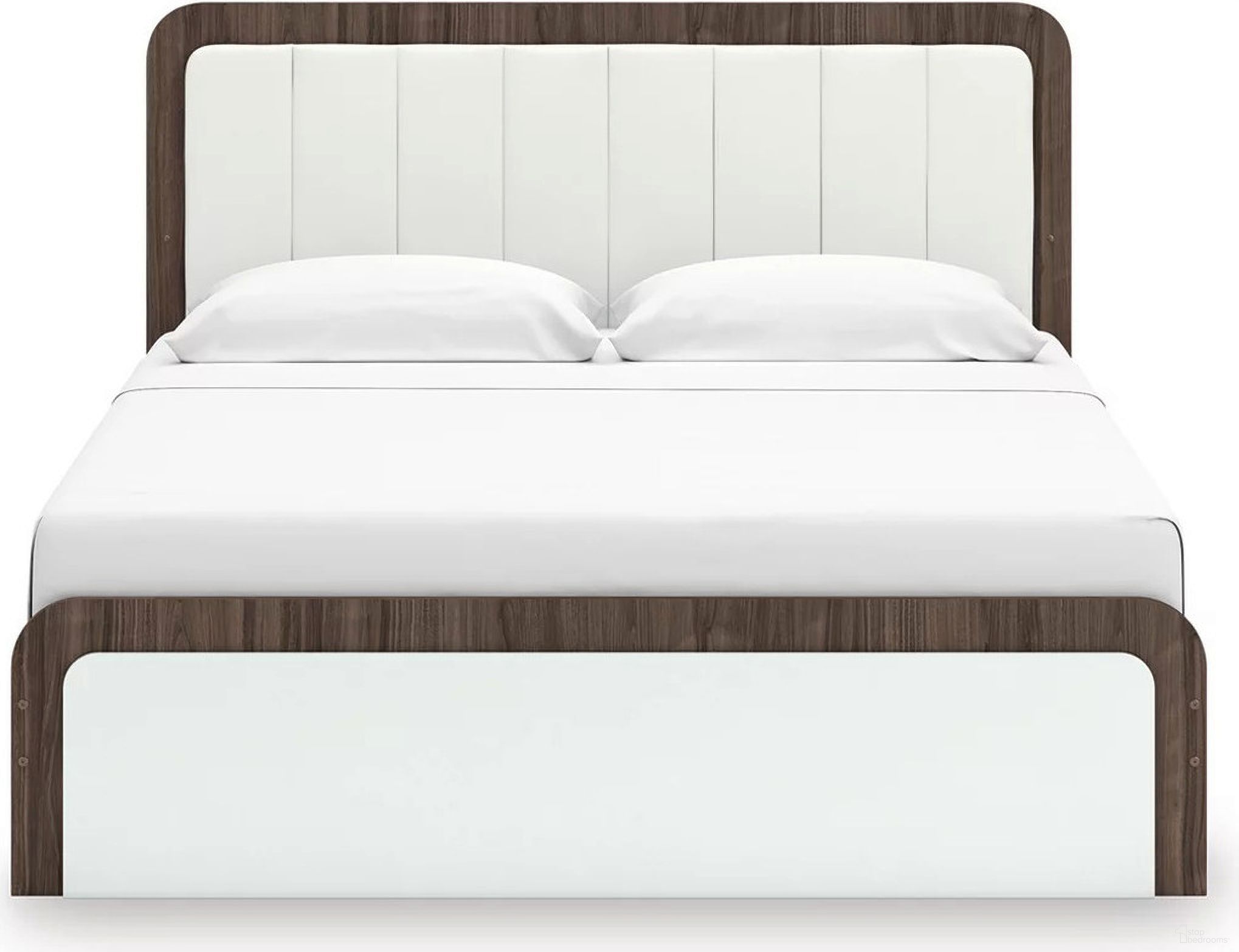 The appearance of Nendalane King Upholstered Bed In White and Brown designed by Signature Design by Ashley in the modern / contemporary interior design. This white/brown piece of furniture  was selected by 1StopBedrooms from Nendalane Collection to add a touch of cosiness and style into your home. Sku: B100-14;NCB1108-72;NCB1108-95. Bed Size: King. Bed Type: Upholstered Bed.