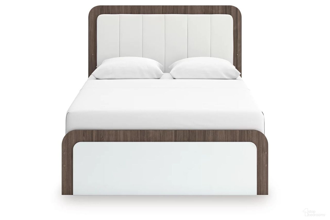 The appearance of Nendalane Queen Upholstered Bed In White and Brown designed by Signature Design by Ashley in the modern / contemporary interior design. This white/brown piece of furniture  was selected by 1StopBedrooms from Nendalane Collection to add a touch of cosiness and style into your home. Sku: B100-13;NCB1108-71;NCB1108-95. Bed Size: Queen. Bed Type: Upholstered Bed.