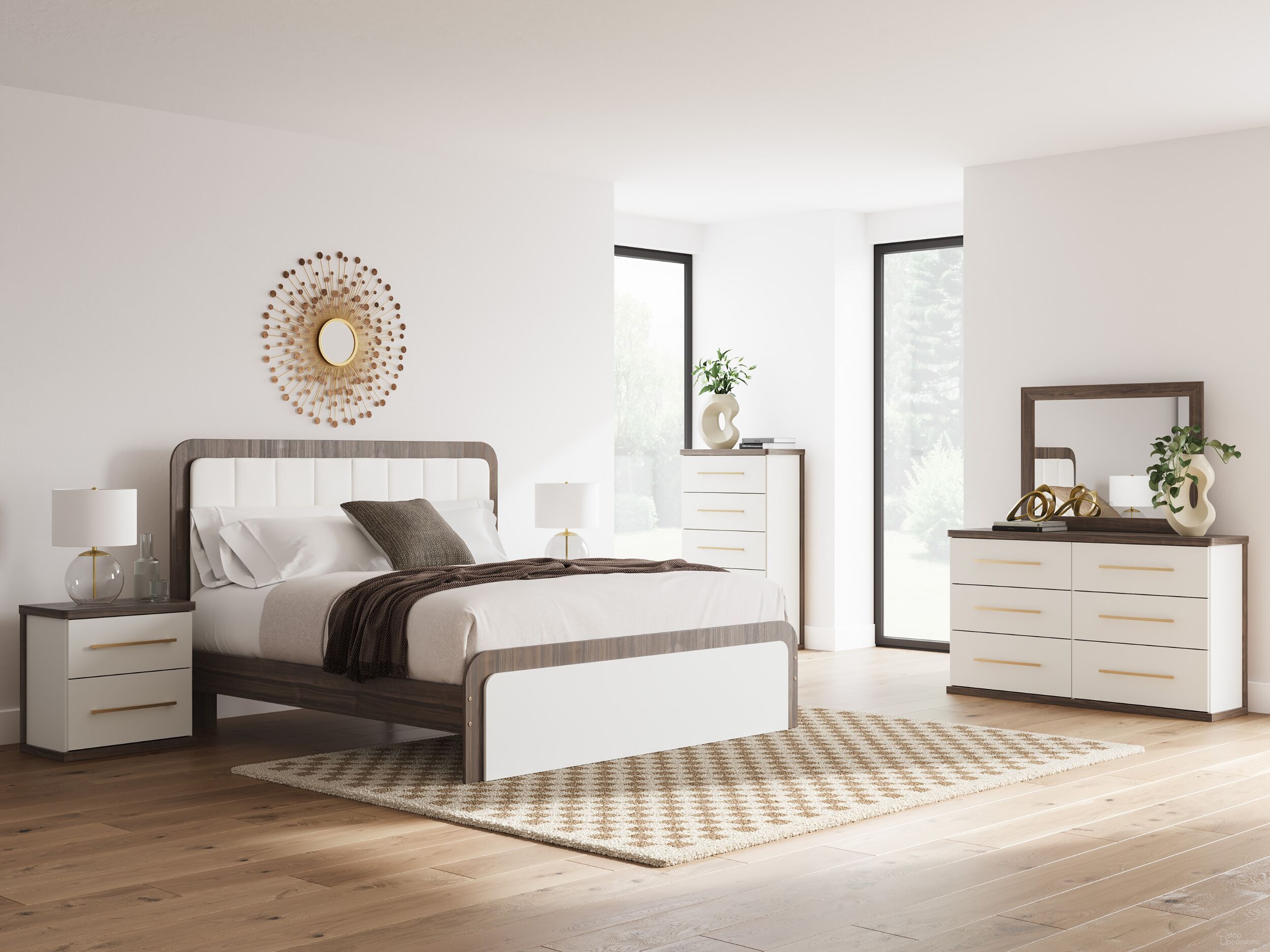The appearance of Nendalane Upholstered Bedroom Set In White and Brown designed by Signature Design by Ashley in the modern / contemporary interior design. This white/brown piece of furniture was selected by 1StopBedrooms from Nendalane Collection to add a touch of cosiness and style into your home. Sku: B100-13;NCB1108-71;NCB1108-95;NCB1108-92. Material: Wood. Bed Size: Queen.