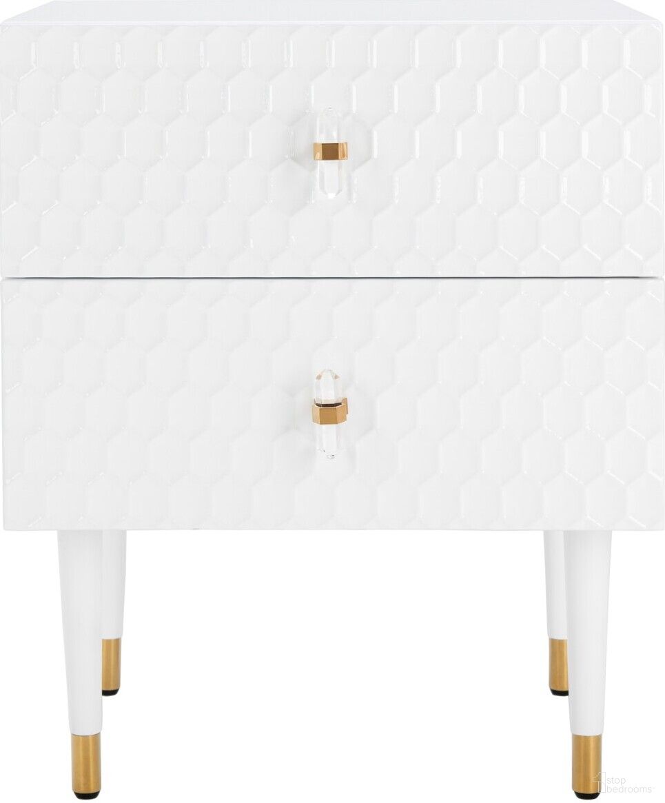 The appearance of Neptune 2 Drawer Side Table In White designed by Safavieh Couture in the modern / contemporary interior design. This white piece of furniture  was selected by 1StopBedrooms from Neptune Collection to add a touch of cosiness and style into your home. Sku: SFV3570A. Material: Wood.
