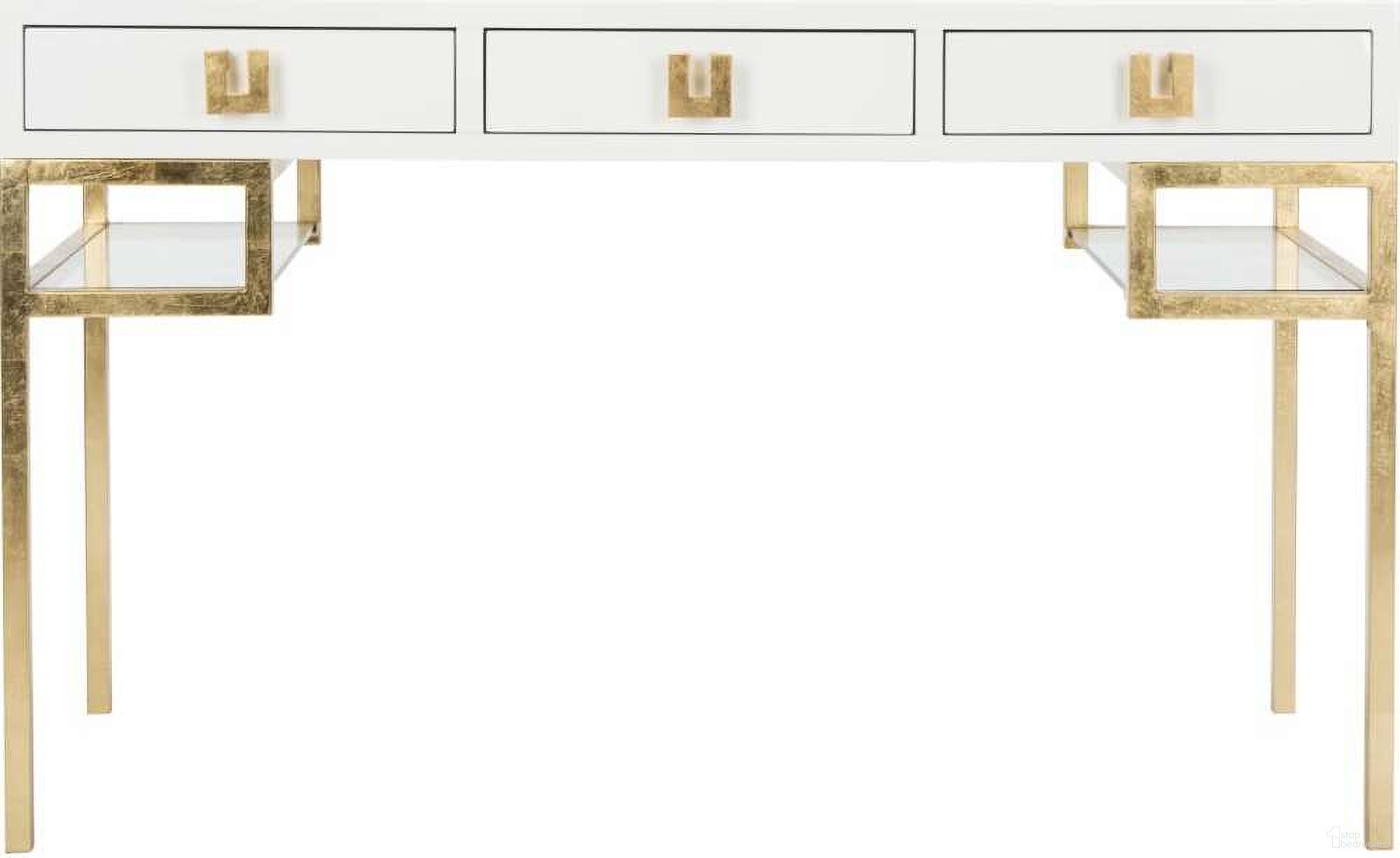 The appearance of Neria Writing Desk In White And Gold designed by Safavieh Couture in the modern / contemporary interior design. This white and gold piece of furniture  was selected by 1StopBedrooms from Neria Collection to add a touch of cosiness and style into your home. Sku: SFV3521A. Material: Wood.