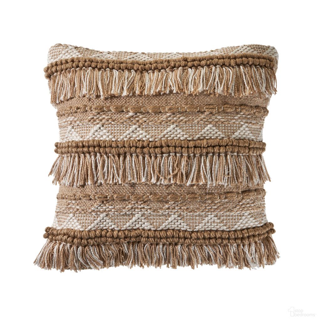 Nesta 20" x 20" Poly Filled Neutral Geometric Fringe Indoor Outdoor Throw Pillow In Beige and White