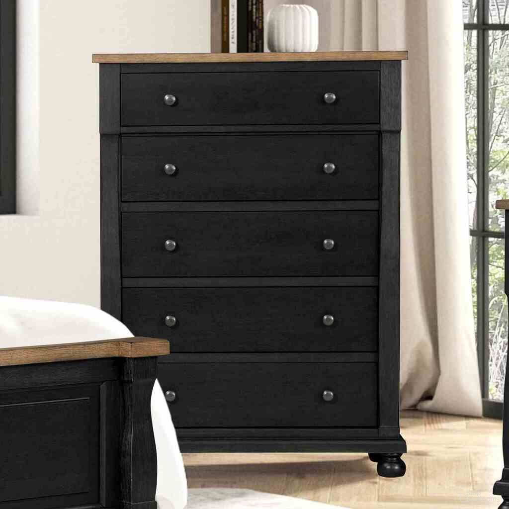 The appearance of Neue Mills Chest In Farmhouse Black and Rustic Oak designed by Furniture of America in the modern / contemporary interior design. This farmhouse black/rustic oak piece of furniture was selected by 1StopBedrooms from Neue Mills Collection to add a touch of cosiness and style into your home. Sku: FM79009BK-C. Material: Solid Rubberwood.