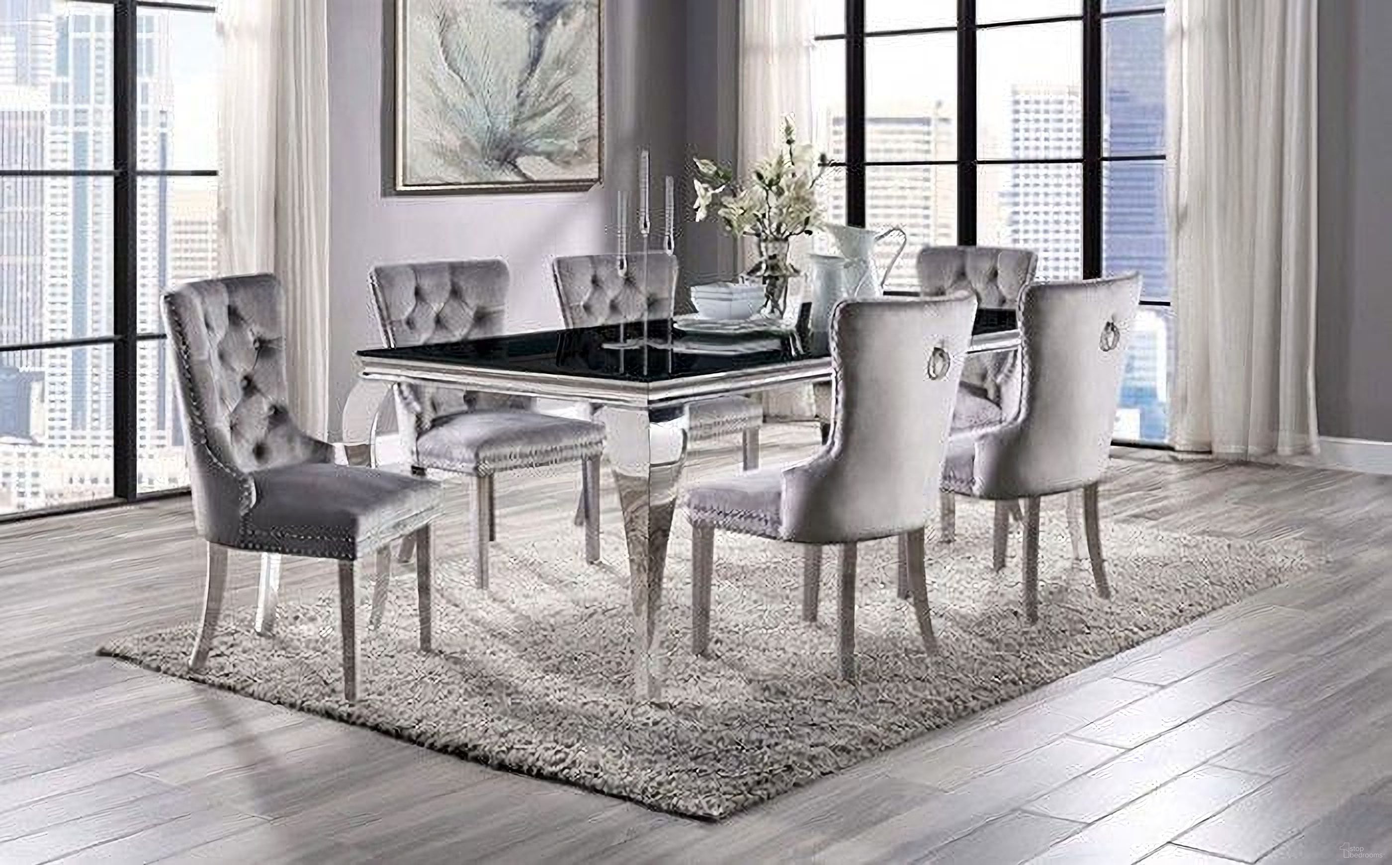 The appearance of Neuveville Black And Chrome Dining Room Set designed by Furniture of America in the glam interior design. This silver and black piece of furniture was selected by 1StopBedrooms from Neuveville Collection to add a touch of cosiness and style into your home. Sku: CM3903BK-T-1;CM3903T-2;CM3903T-3;CM-AC261GY-2PK. Table Base Style: Legs. Material: Stainless Steel. Size: 79" x 39".
