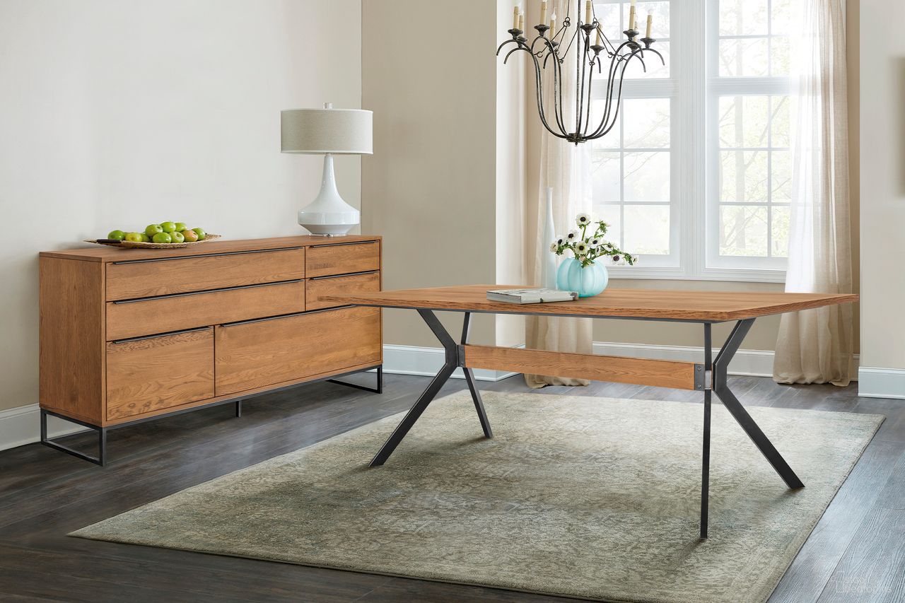 The appearance of Nevada Rustic 2-Piece Set with Dining Table and Sideboard In Balsamico designed by Armen Living in the transitional interior design. This brown piece of furniture was selected by 1StopBedrooms from Nevada Collection to add a touch of cosiness and style into your home. Sku: LCNVDIBALTOP;LCNVDIBALBASE;LCNVBUBAL. Material: Wood.