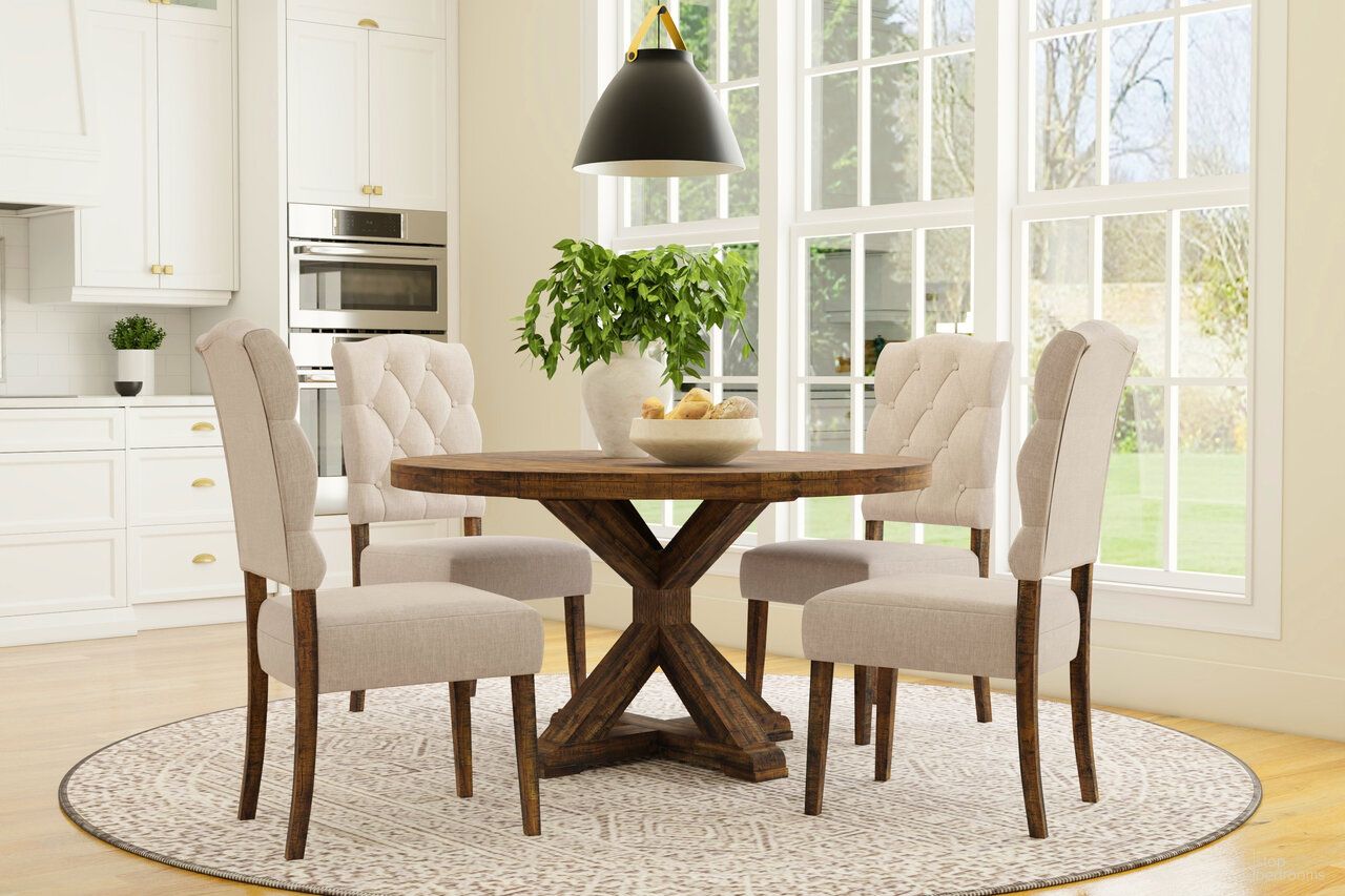 The appearance of Newberry Round Dining Room Set In Medium Brown designed by Alpine in the rustic / southwestern interior design. This medium brown piece of furniture was selected by 1StopBedrooms from Newberry Collection to add a touch of cosiness and style into your home. Sku: 4068-05;4068-02. Table Top Shape: Round. Size: 54". Material: Acacia.