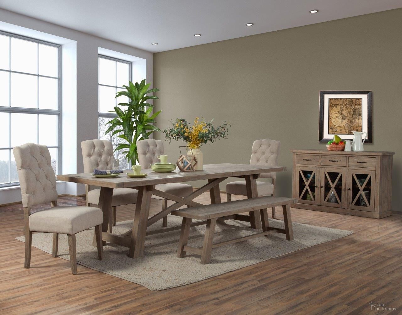 The appearance of Newberry Weathered Natural Extendable Dining Room Set designed by Alpine in the transitional interior design. This brown piece of furniture was selected by 1StopBedrooms from Newberry Collection to add a touch of cosiness and style into your home. Sku: 2068-01;2068-02. Table Base Style: Trestle. Material: Wood. Table Top Shape: Rectangular. Size: 103" x 40".