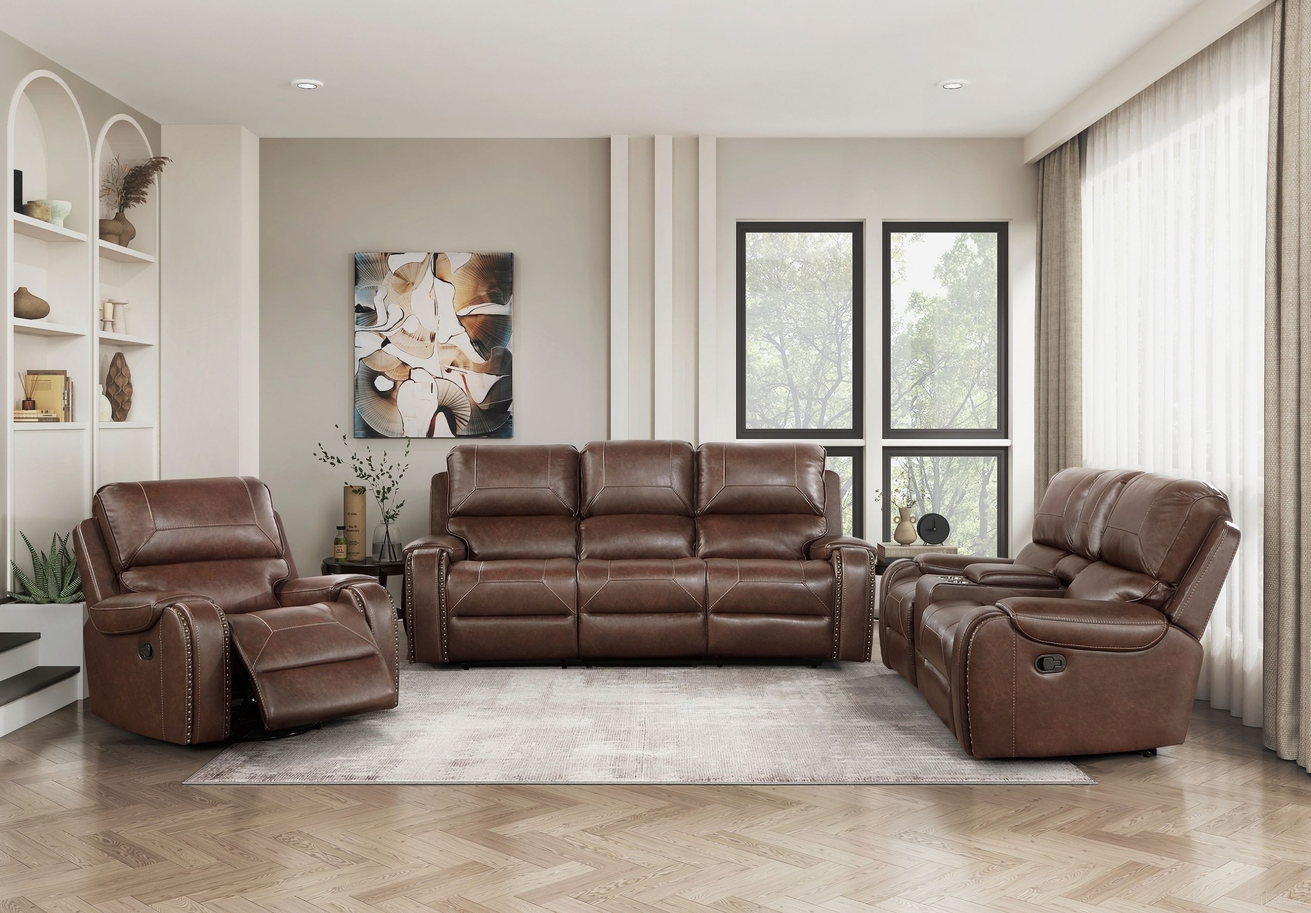 The appearance of Newnan Double Reclining Living Room Set In Brown designed by Homelegance in the traditional interior design. This brown piece of furniture was selected by 1StopBedrooms from Newnan Collection to add a touch of cosiness and style into your home. Sku: 8549BRW-3;8549BRW-2. Material: Faux Leather.
