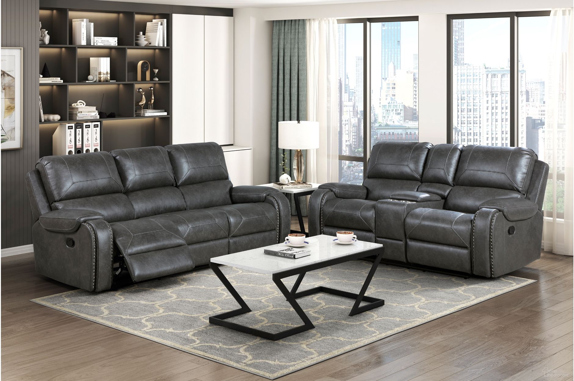 The appearance of Newnan Double Reclining Living Room Set In Gray designed by Homelegance in the traditional interior design. This gray piece of furniture  was selected by 1StopBedrooms from Newnan Collection to add a touch of cosiness and style into your home. Sku: 8549GRY-3;8549GRY-2. Material: Faux Leather.