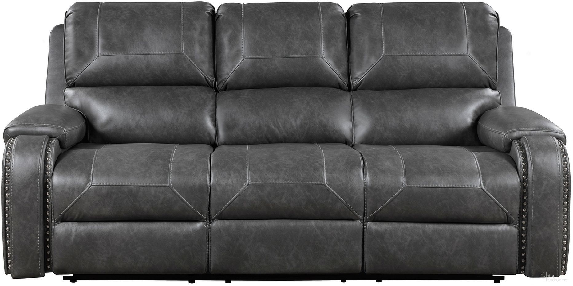 The appearance of Newnan Double Reclining Sofa with Center Drop-Down Cup Holders and USB Ports In Gray designed by Homelegance in the traditional interior design. This gray piece of furniture  was selected by 1StopBedrooms from Newnan Collection to add a touch of cosiness and style into your home. Sku: 8549GRY-3. Material: Faux Leather.