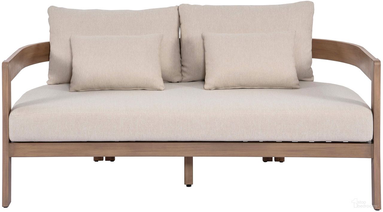 The appearance of Newport 65 Inch Fabric Upholstered Outdoor Patio Loveseat In Beige and Natural designed by Meridian in the modern / contemporary interior design. This beige/natural piece of furniture  was selected by 1StopBedrooms from Newport Collection to add a touch of cosiness and style into your home. Sku: 396Beige-L. Material: Fabric.