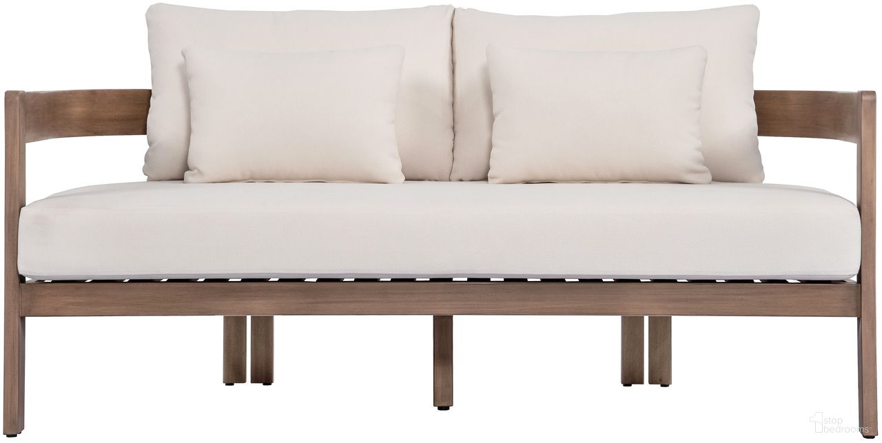 The appearance of Newport 65 Inch Fabric Upholstered Outdoor Patio Loveseat In Cream and Natural designed by Meridian in the modern / contemporary interior design. This natural/cream piece of furniture  was selected by 1StopBedrooms from Newport Collection to add a touch of cosiness and style into your home. Sku: 396Cream-L. Material: Fabric.