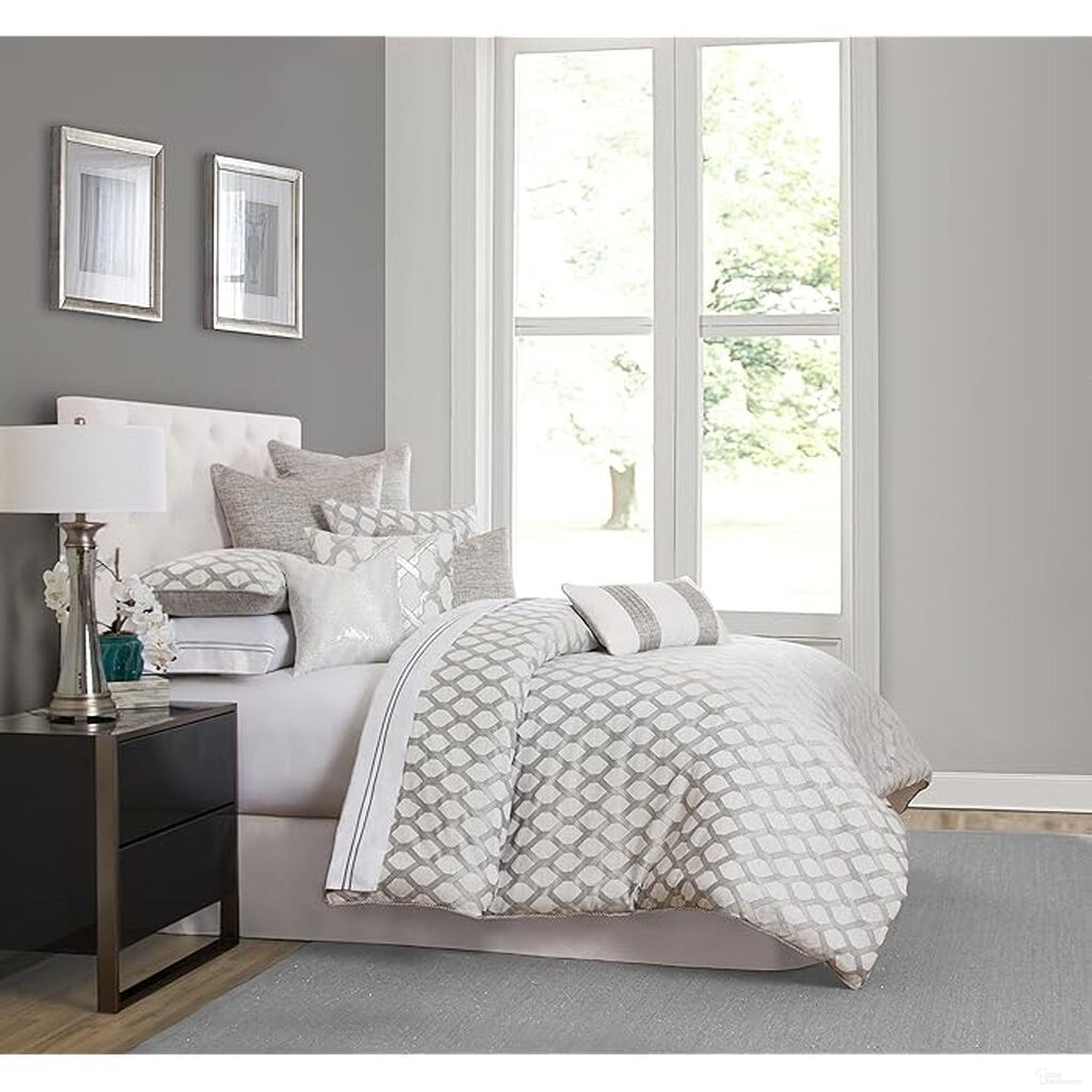 The appearance of Newport 9 Piece Queen Comforter Set In Platinum designed by Michael Amini in the modern / contemporary interior design. This platinum piece of furniture  was selected by 1StopBedrooms from Newport Collection to add a touch of cosiness and style into your home. Sku: BCS-QS09-NWPRT-PLTN. Material: Polyester. Bed Size: Queen.