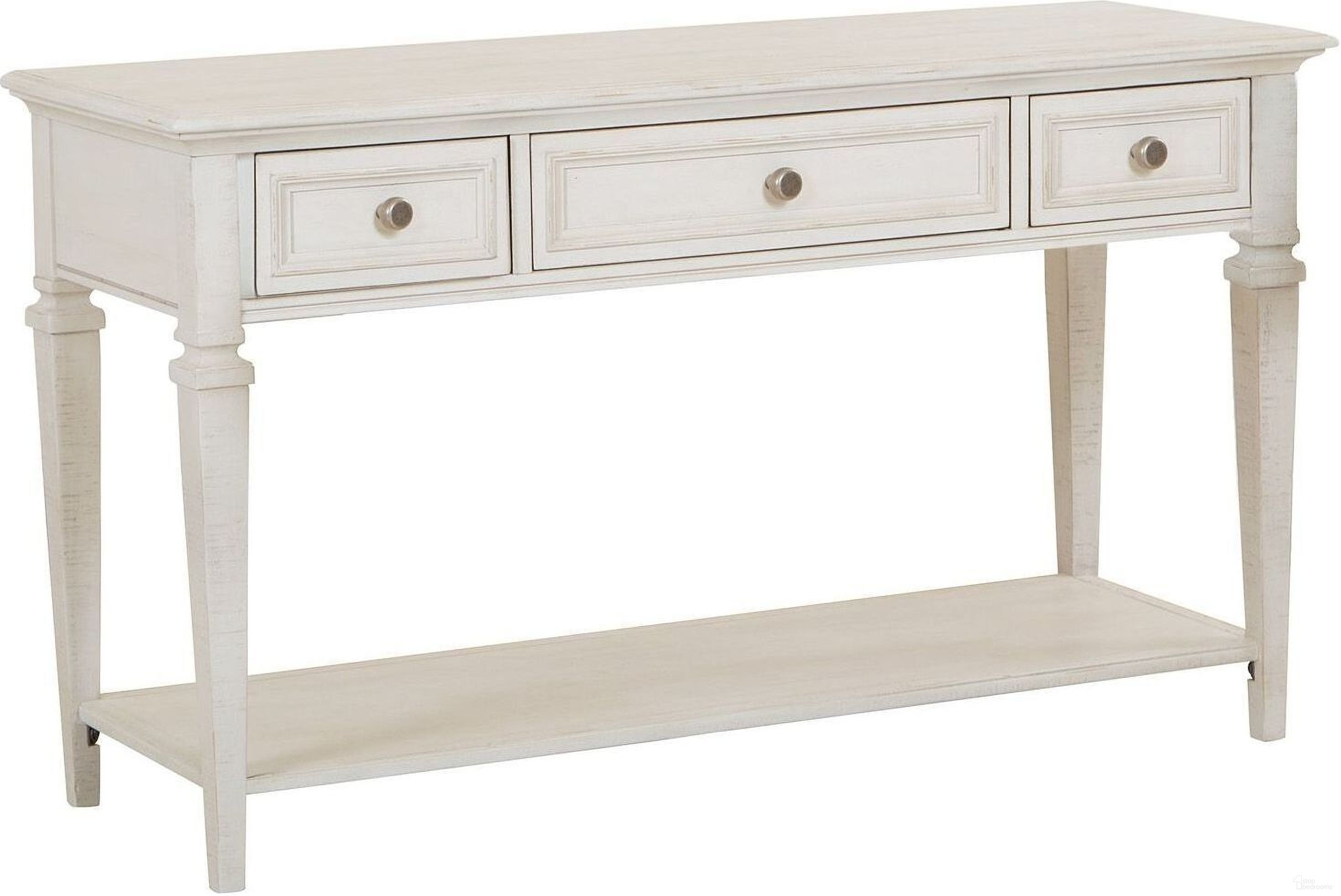The appearance of Newport Alabaster Rectangular Sofa Table designed by Magnussen in the transitional interior design. This white piece of furniture  was selected by 1StopBedrooms from Newport Collection to add a touch of cosiness and style into your home. Sku: T5430-73. Material: Pine.