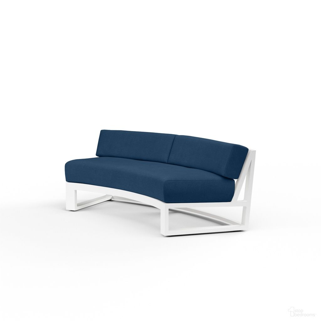 The appearance of Newport Curved Sofa in Spectrum Indigo designed by Sunset West in the modern / contemporary interior design. This spectrum indigo piece of furniture  was selected by 1StopBedrooms from Newport Collection to add a touch of cosiness and style into your home. Sku: SW4801-CRV-48080. Material: Aluminum.
