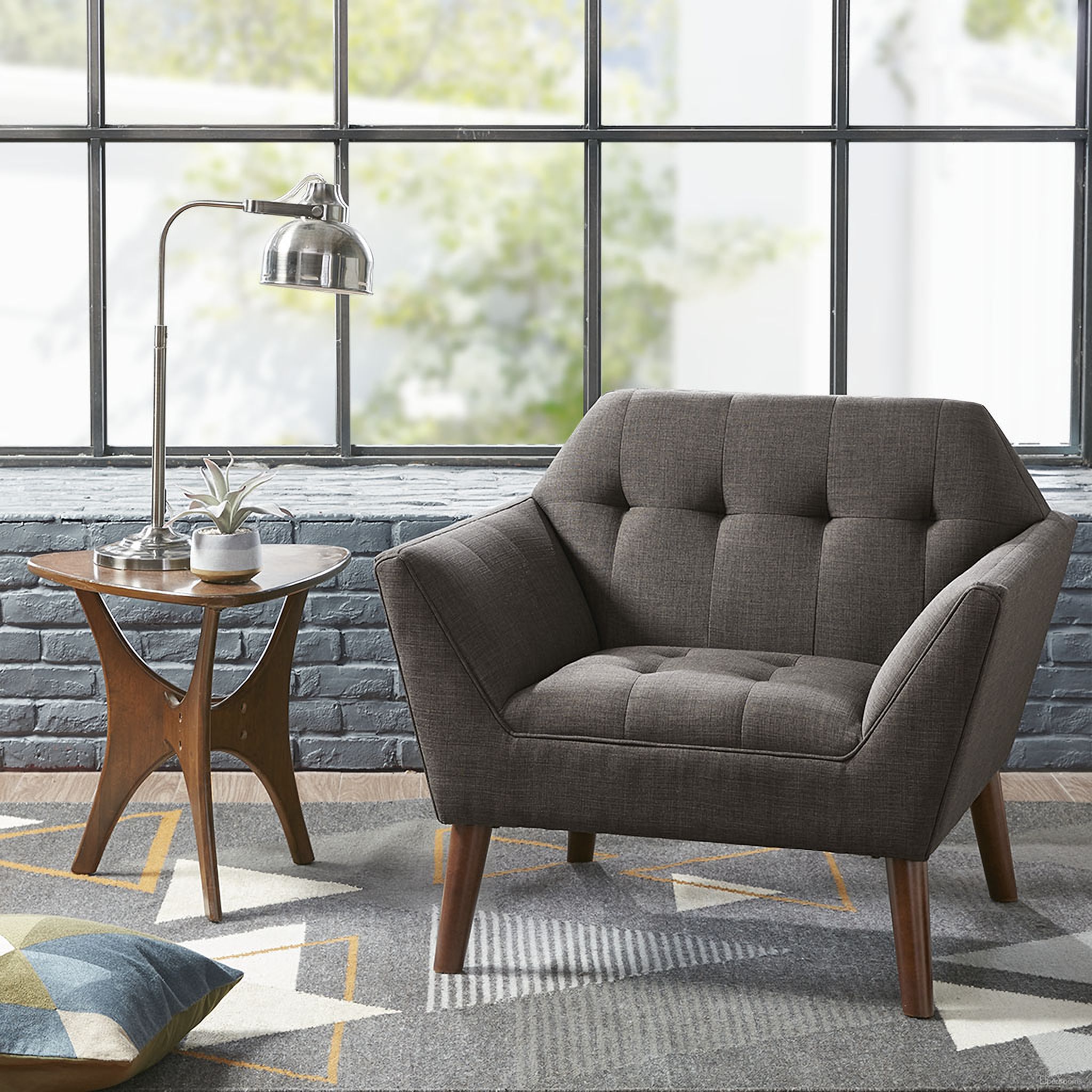 The appearance of Newport Lounge Chair In Charcoal designed by Olliix in the transitional interior design. This charcoal piece of furniture was selected by 1StopBedrooms from Newport Collection to add a touch of cosiness and style into your home. Sku: II110-0391. Material: Wood.