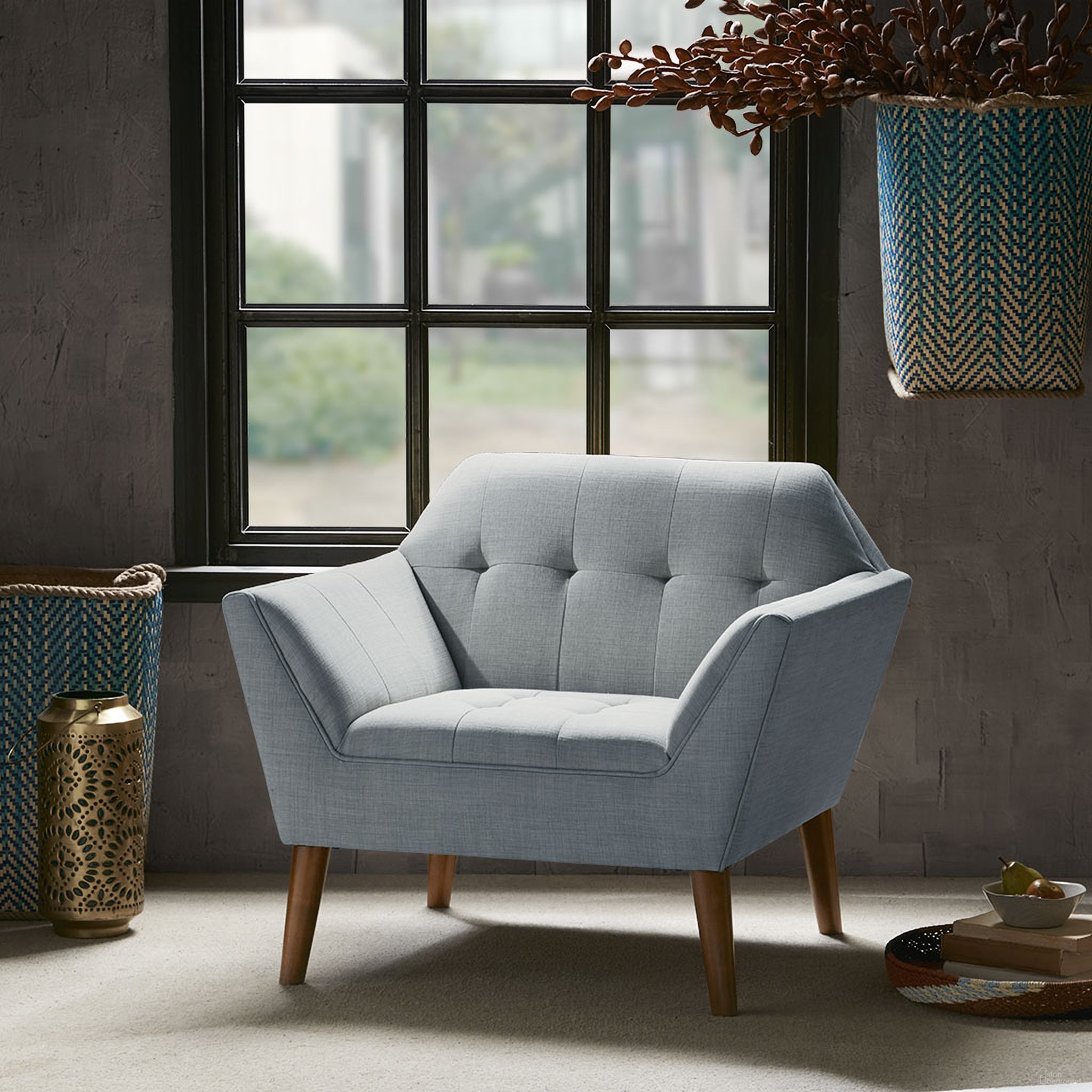 The appearance of Newport Lounge Chair In Light Blue designed by Olliix in the transitional interior design. This light blue piece of furniture was selected by 1StopBedrooms from Newport Collection to add a touch of cosiness and style into your home. Sku: II100-0382. Material: Wood.