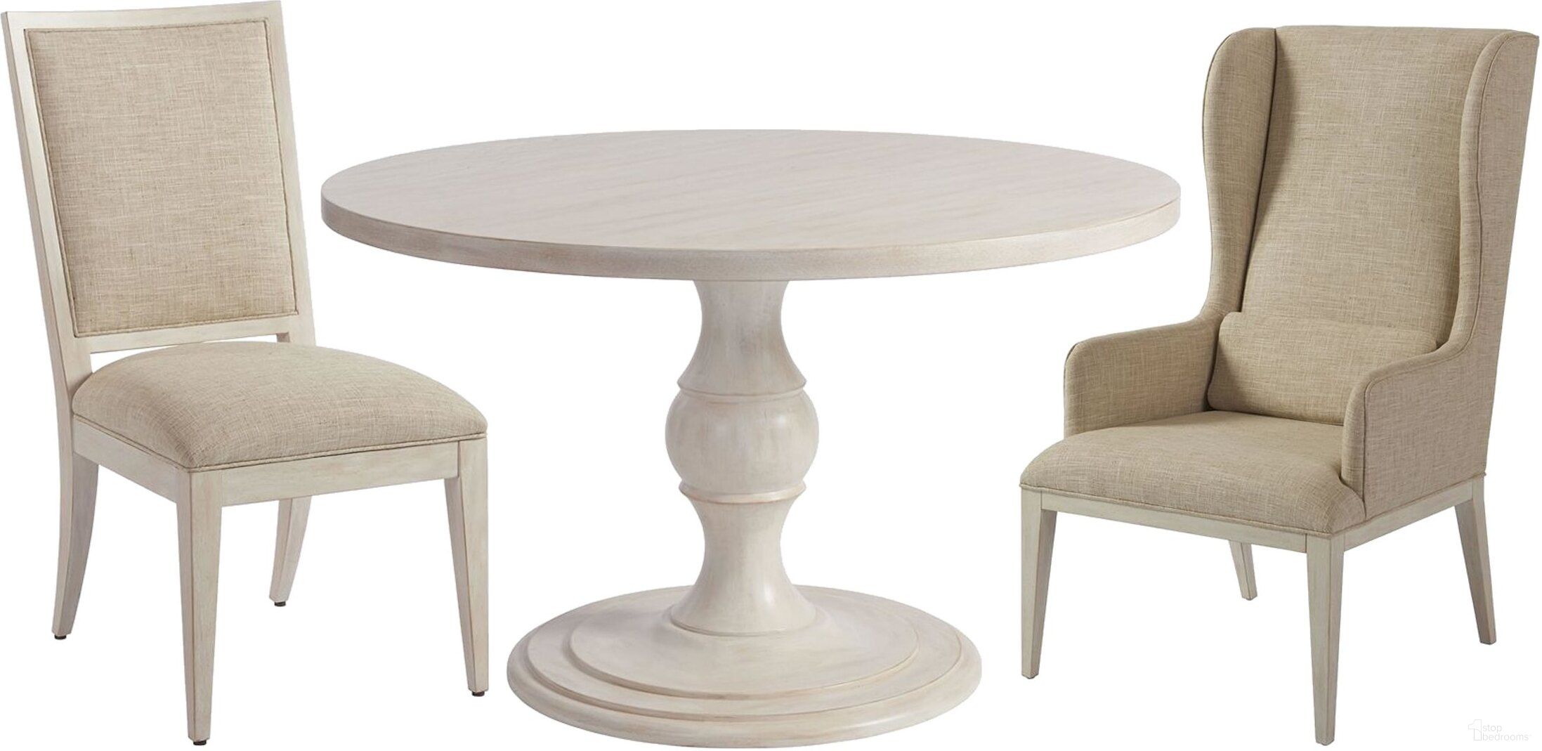 The appearance of Newport Sailcloth Corona Del Mar 48 Inch Center Dining Room Set By Barclay Butera designed by Barclay Butera in the transitional interior design. This sailcloth piece of furniture was selected by 1StopBedrooms from Newport Collection to add a touch of cosiness and style into your home. Sku: 921-925C;921-880-01. Table Base Style: Pedestal. Table Top Shape: Round. Material: Wood. Size: 48".