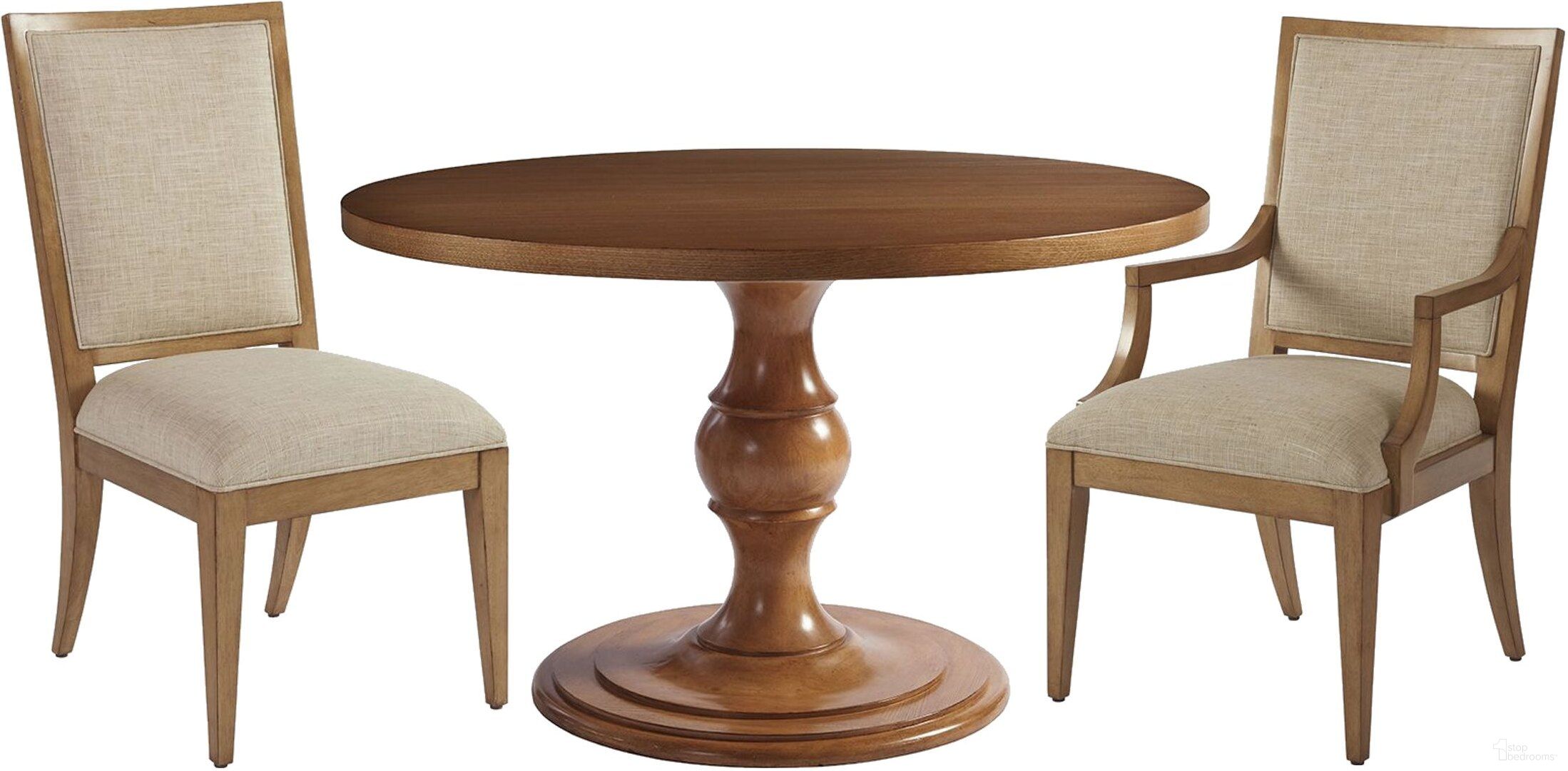 The appearance of Newport Sandstone Corona Del Mar 48 Inch Center Dining Room Set By Barclay Butera designed by Barclay Butera in the transitional interior design. This sandstone piece of furniture was selected by 1StopBedrooms from Newport Collection to add a touch of cosiness and style into your home. Sku: 920-925C;920-880-01. Table Base Style: Pedestal. Table Top Shape: Round. Material: Wood. Size: 48".