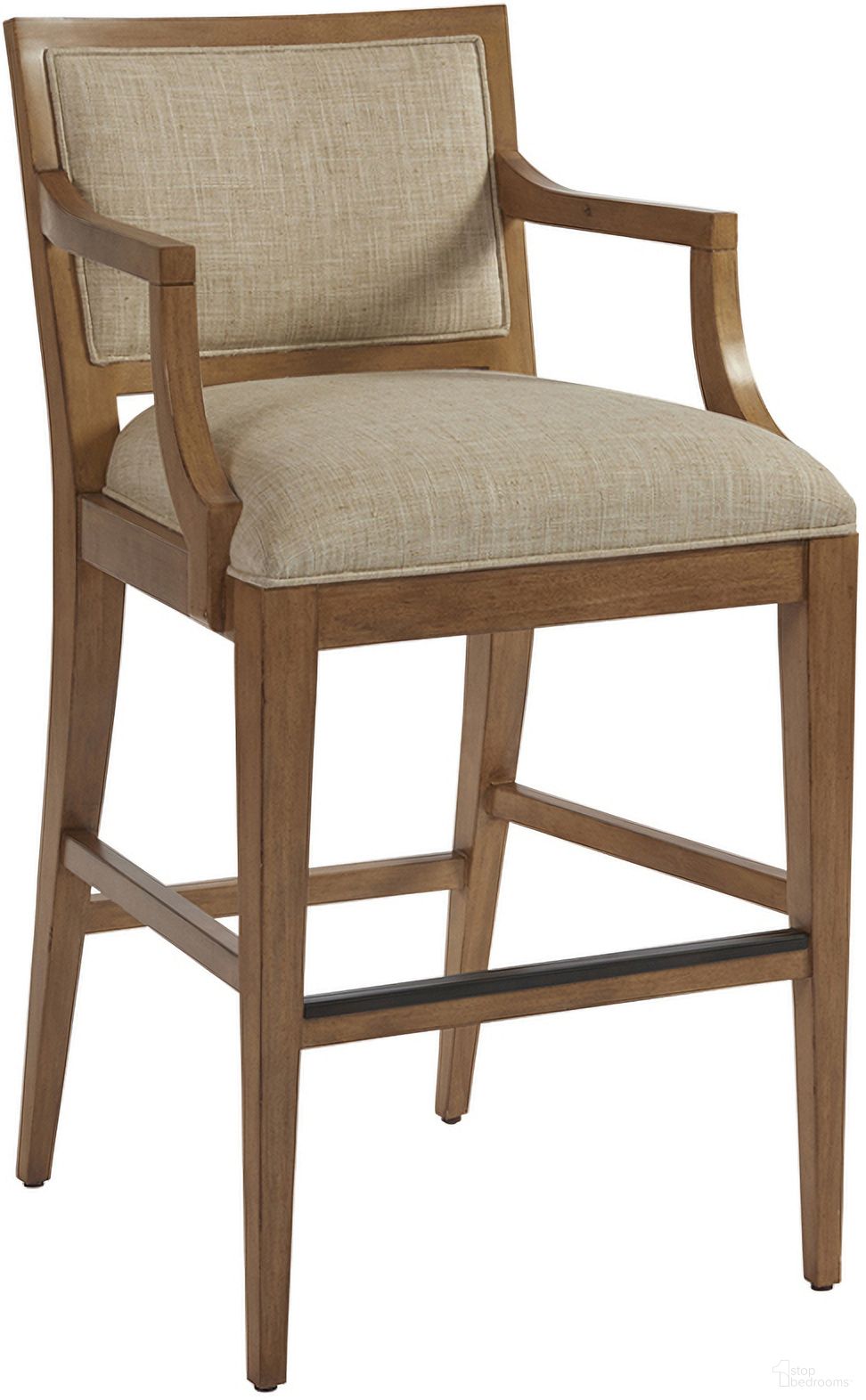 The appearance of Newport Eastbluff Upholstered Bar Stool In Sandstone designed by Barclay Butera in the transitional interior design. This sandstone piece of furniture  was selected by 1StopBedrooms from Newport Collection to add a touch of cosiness and style into your home. Sku: 920-896-01. Material: Wood.
