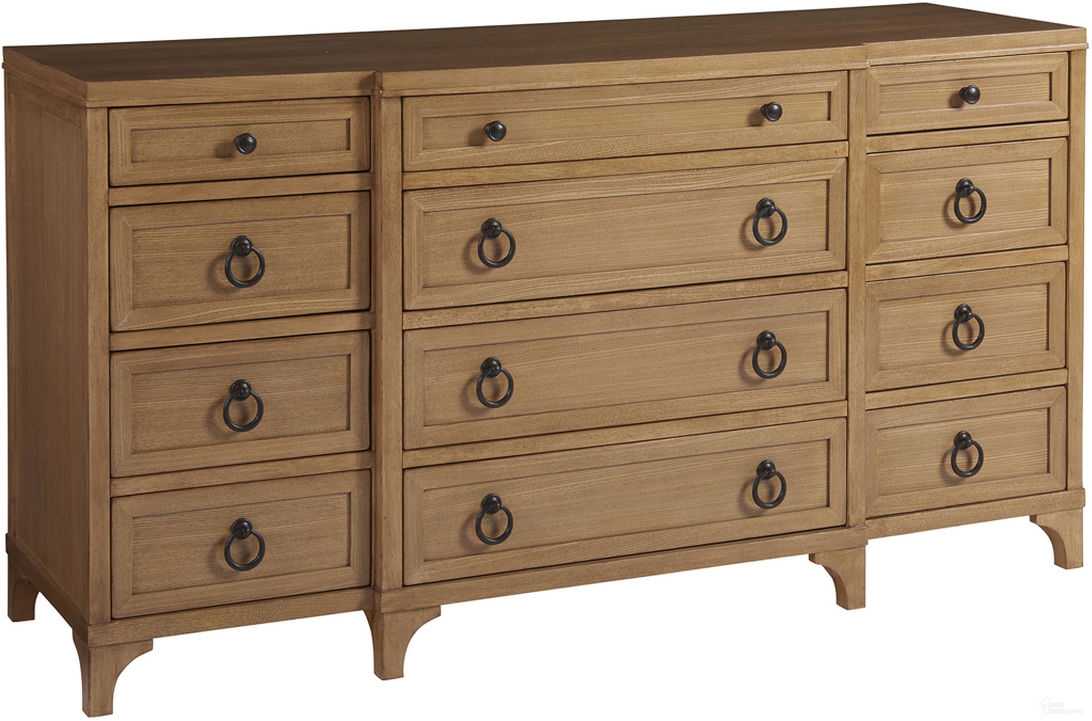 The appearance of Newport Garnet Breakfront Dresser In Sandstone designed by Barclay Butera in the transitional interior design. This sandstone piece of furniture  was selected by 1StopBedrooms from Newport Collection to add a touch of cosiness and style into your home. Sku: 920-233. Material: Wood.