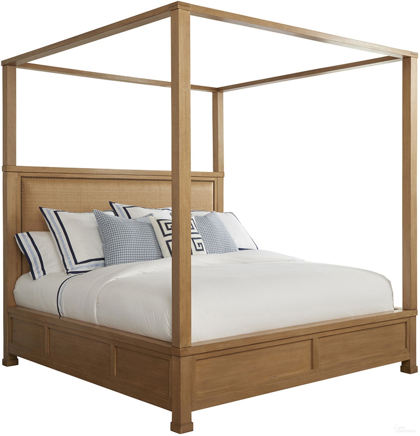 The appearance of Newport Shorecliff California King Canopy Bed In Sandstone designed by Barclay Butera in the transitional interior design. This sandstone piece of furniture  was selected by 1StopBedrooms from Newport Collection to add a touch of cosiness and style into your home. Sku: 920-175C. Bed Type: Panel Bed. Material: Wood. Bed Size: California King.