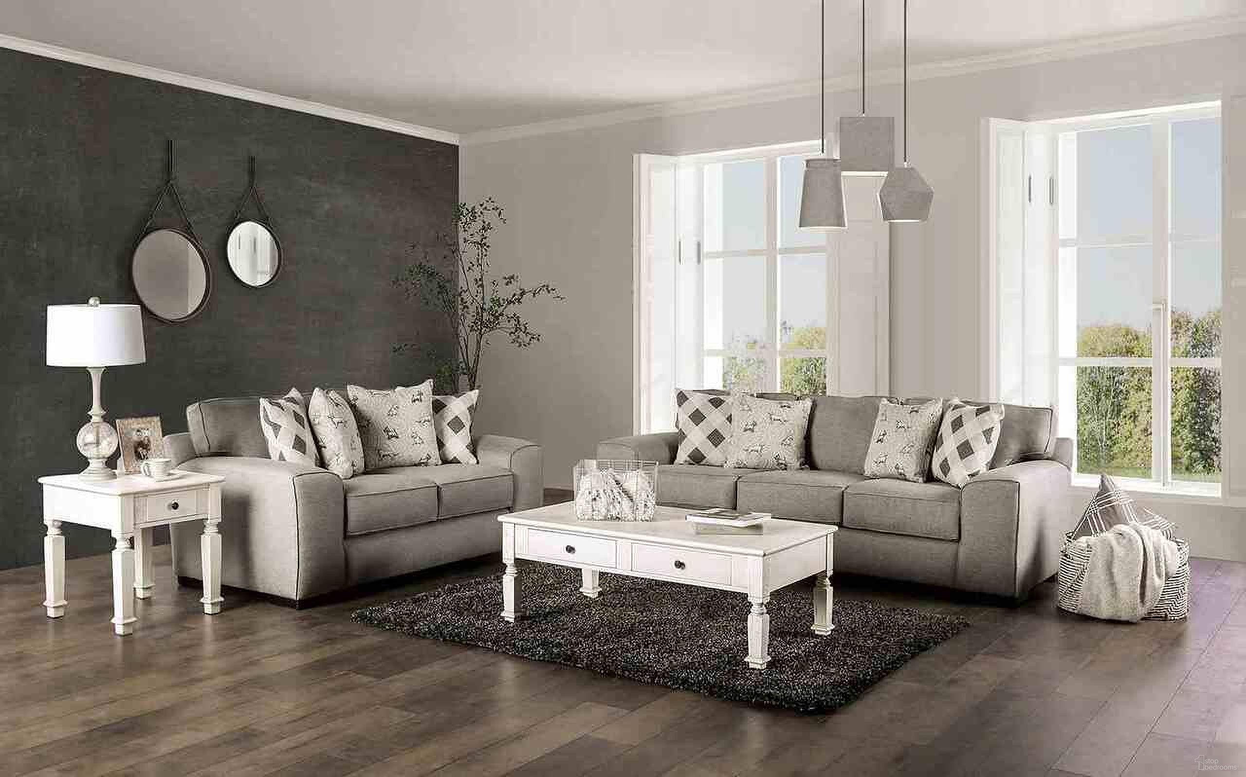 The appearance of Newry Living Room Set In Gray designed by Furniture of America in the transitional interior design. This gray piece of furniture was selected by 1StopBedrooms from Newry Collection to add a touch of cosiness and style into your home. Sku: SM6091-SF;SM6091-LV. Material: Fabric.