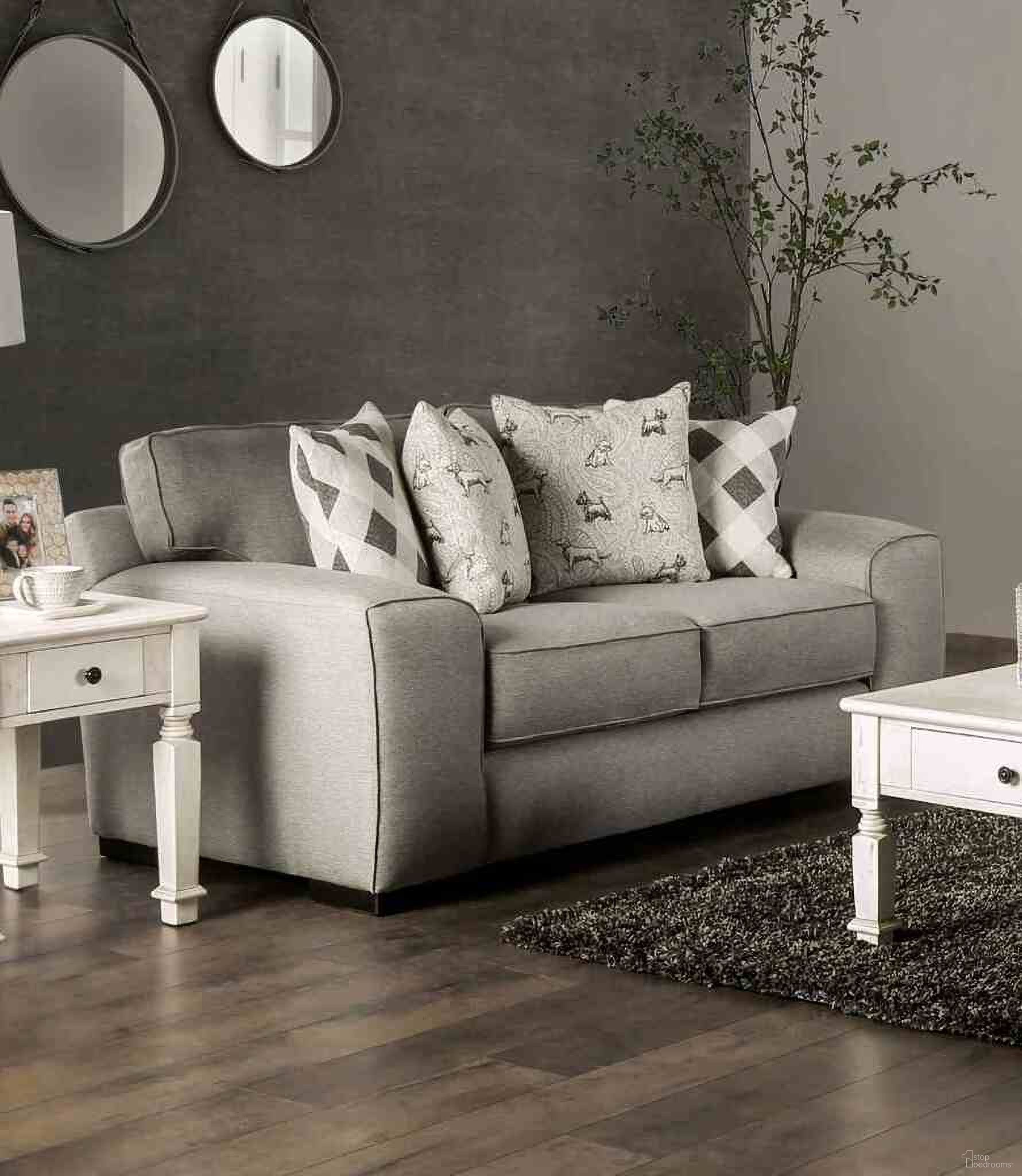 The appearance of Newry Loveseat In Gray designed by Furniture of America in the transitional interior design. This gray piece of furniture was selected by 1StopBedrooms from Newry Collection to add a touch of cosiness and style into your home. Sku: SM6091-LV. Material: Fabric.