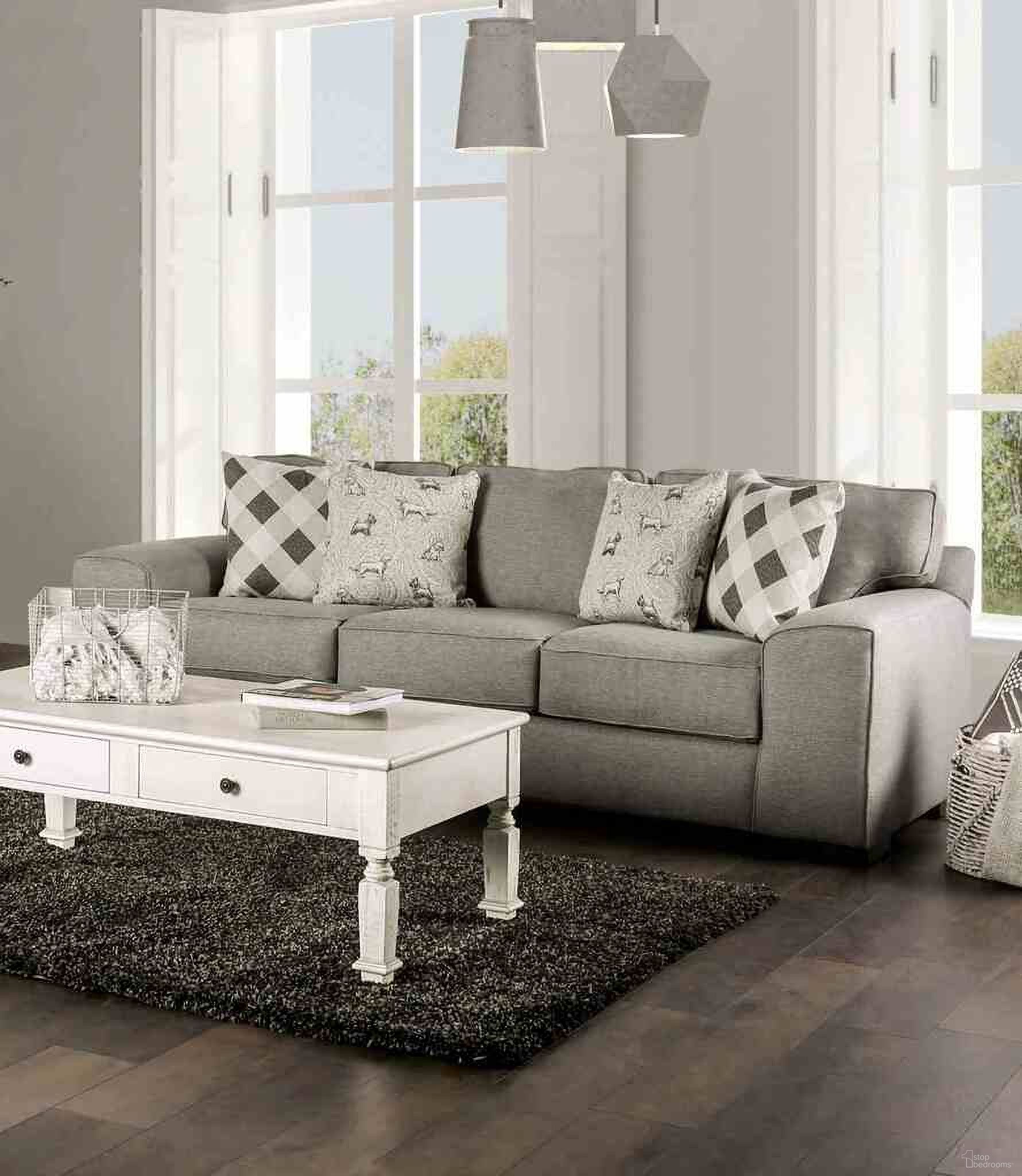 The appearance of Newry Sofa In Gray designed by Furniture of America in the transitional interior design. This gray piece of furniture was selected by 1StopBedrooms from Newry Collection to add a touch of cosiness and style into your home. Sku: SM6091-SF. Material: Fabric.